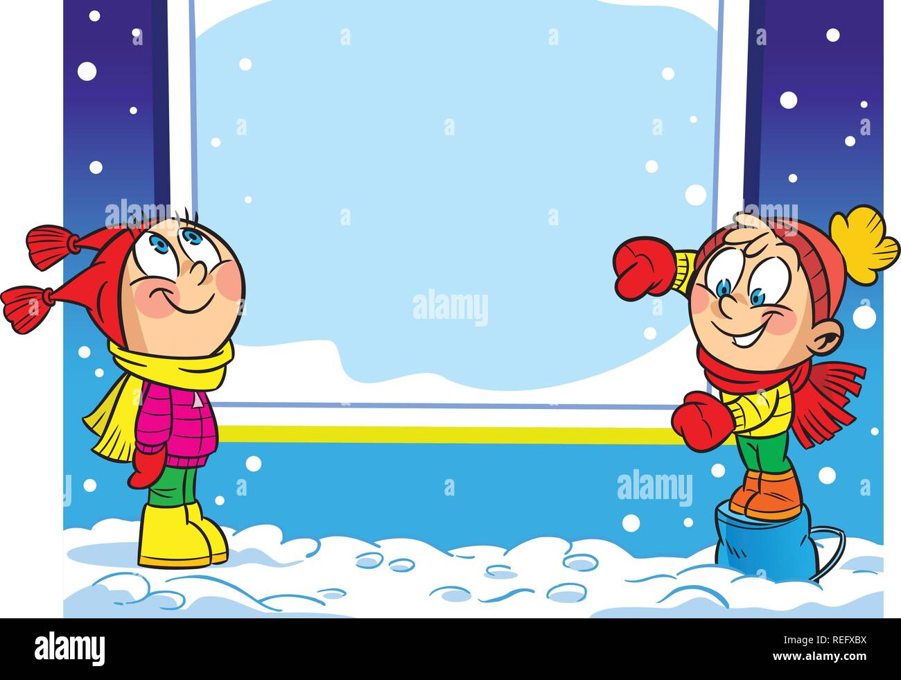 The illustration shows a boy and a girl, who point to an imaginary window on a background of winter nature. There's a place for the text box. Stock Vector