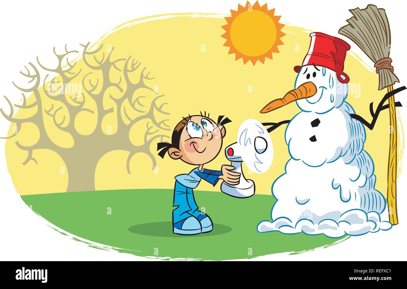 The illustration shows a child, who is trying to refrigerate the fan snowman on a warm spring day Stock Vector