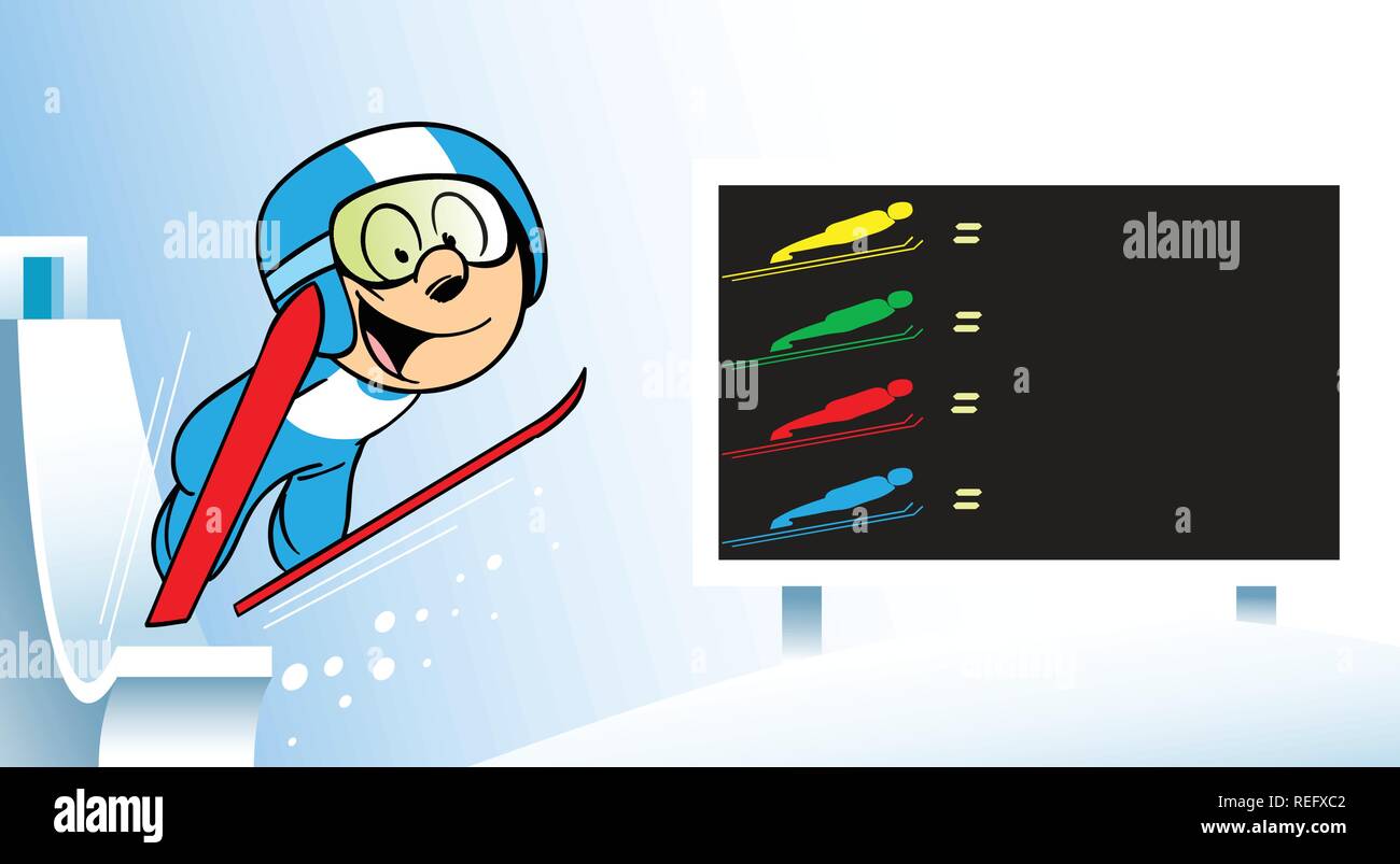 The illustration shows an athlete skier, who jumps from a springboard. Illustration done in cartoon style, on separate layers. Stock Vector