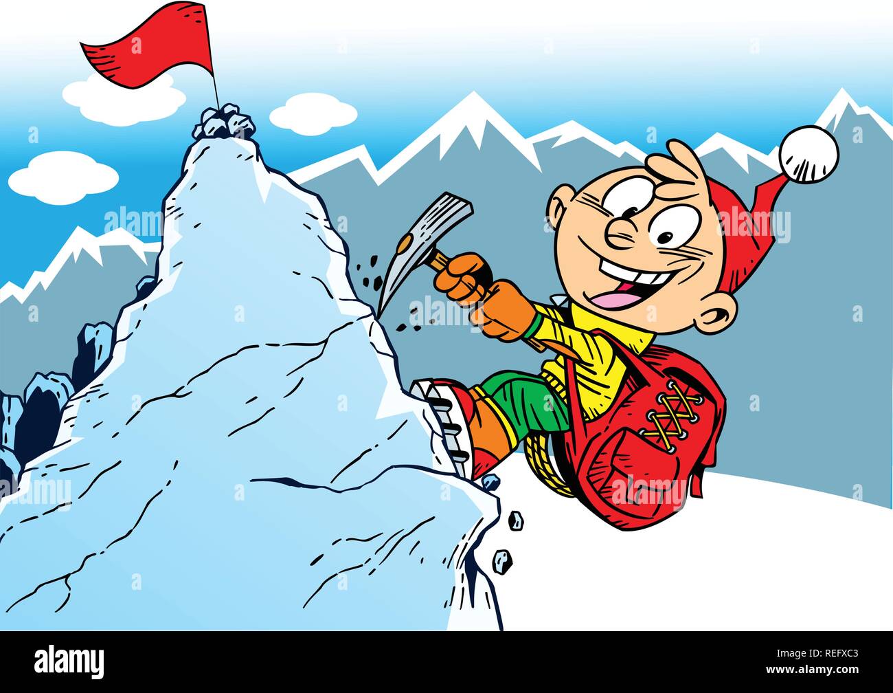 The illustration shows the climber who rises to the top of the mountain. Illustration done in cartoon style, on separate layers. Stock Vector