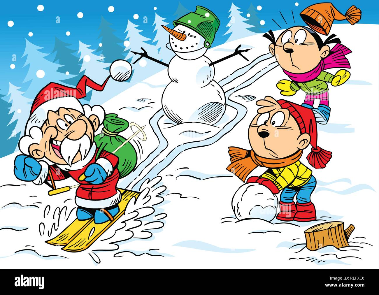 The illustration shows how the children have fun and relax in the winter holidays. Illustration done in cartoon style, on separate layers. Stock Vector