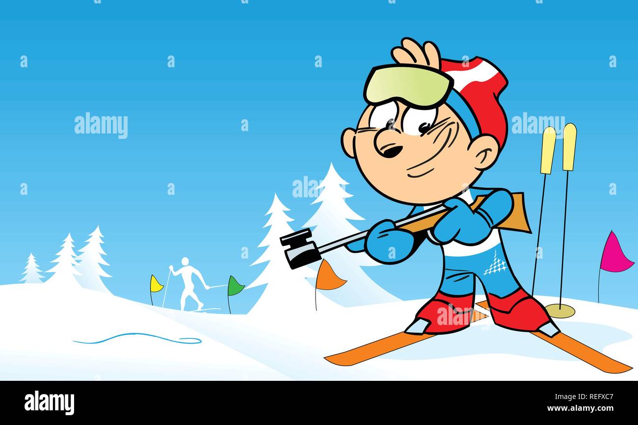 The illustration shows the sports biathlon in cartoon style. Illustration done on separate layers. Stock Vector