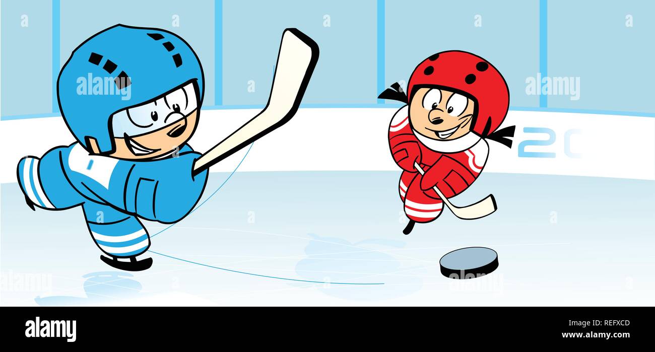 The illustration shows children, who play hockey on ice stadium. Illustration done in cartoon style, on separate layers. Stock Vector