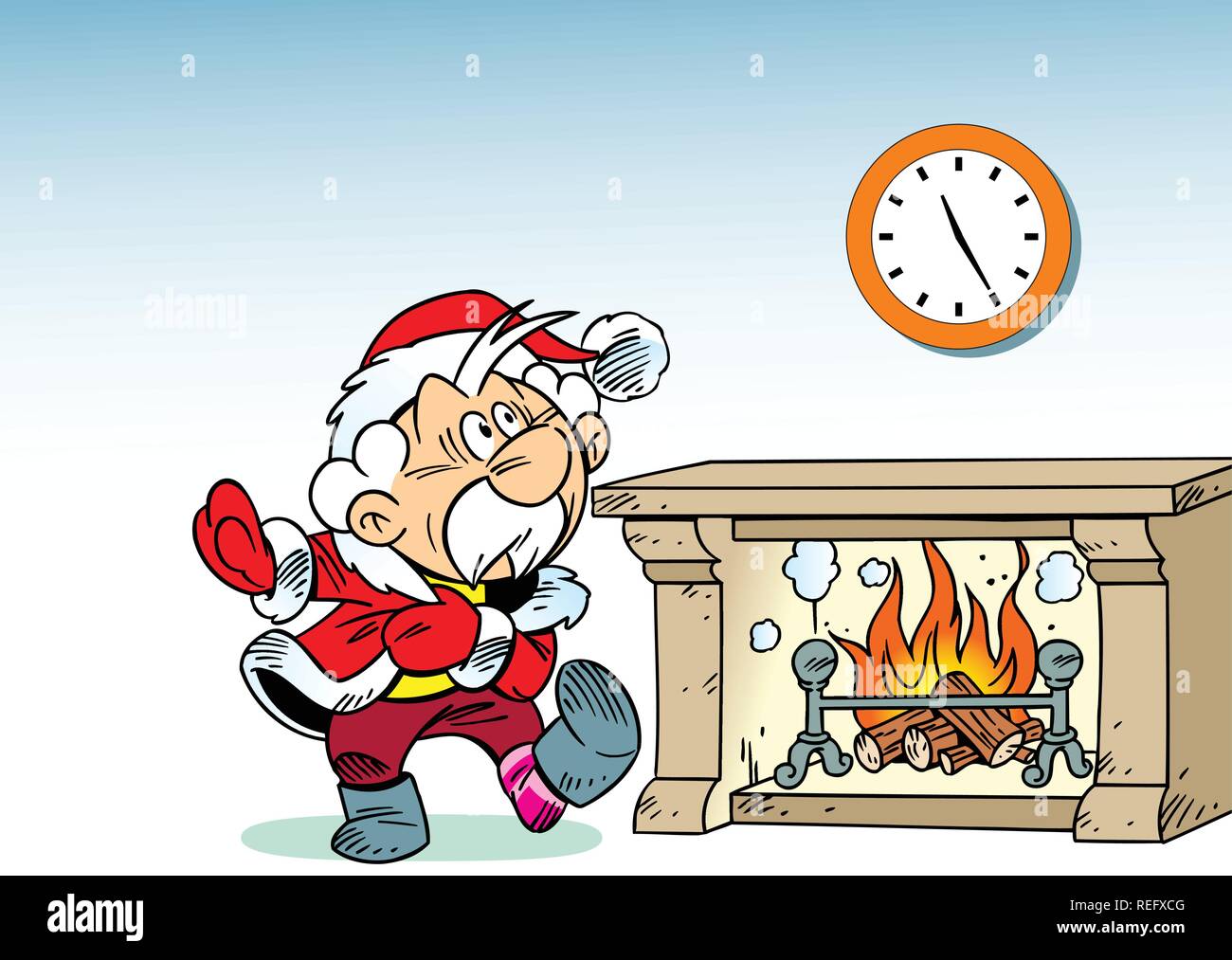 Santa Claus hastily dressed in a room near the fireplace. Illustration done on separate layers. Stock Vector