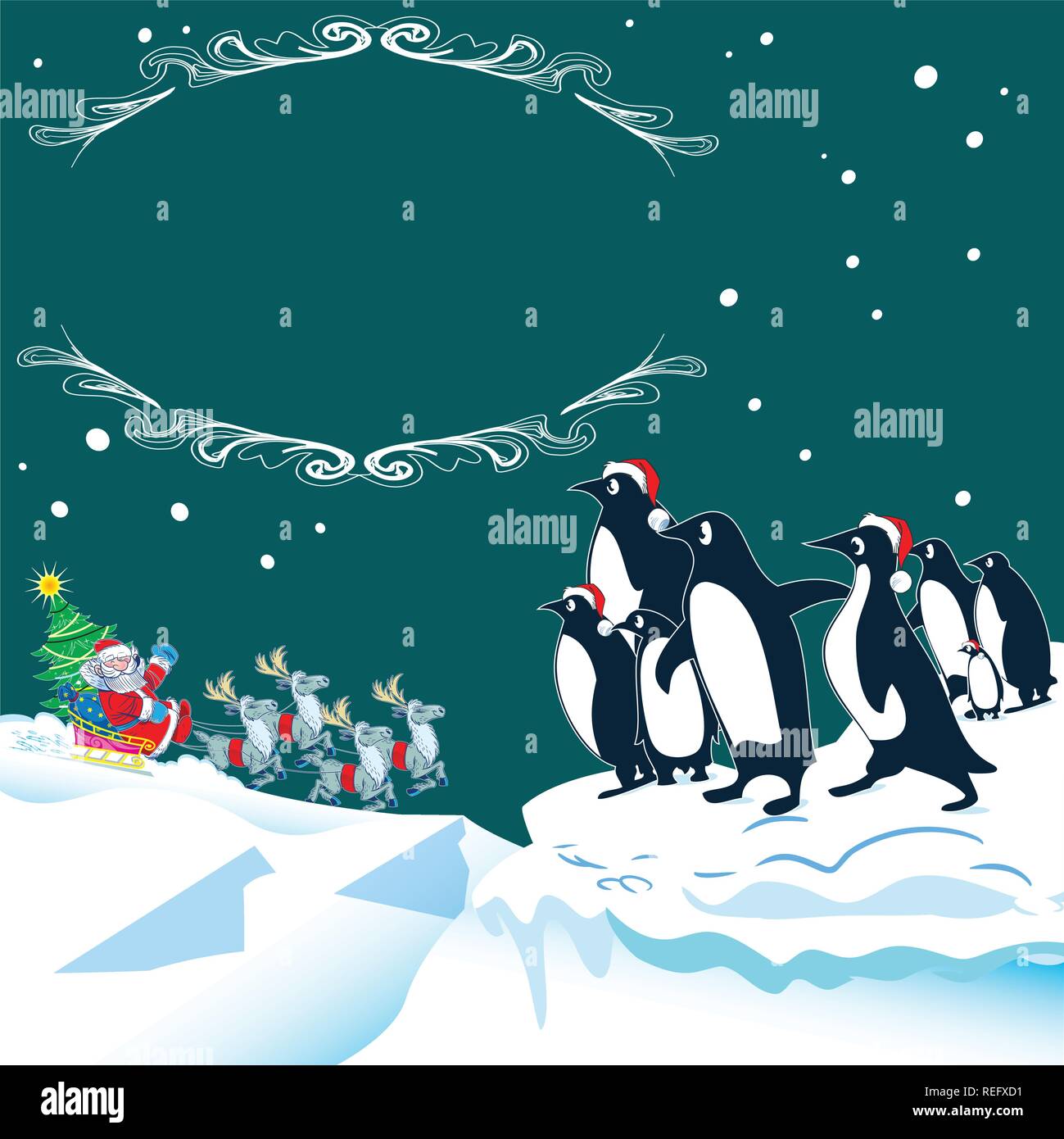 The illustration shows how the penguins in the north meet Santa Claus on Christmas Eve. Santa Claus rides in sled reindeer with gifts. Stock Vector