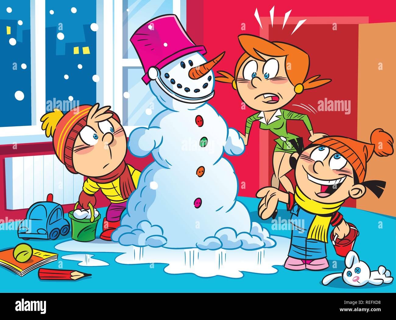 The illustration shows a humorous scene in the family. The children brought from the street to the apartment a snowman, they made my mother a surprise Stock Vector
