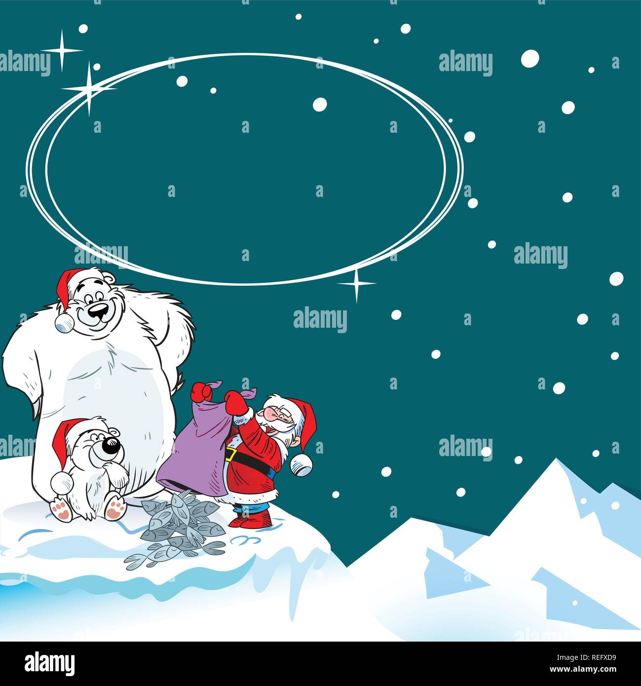 The illustration shows the polar polar bears, which brought Santa Claus Christmas gift. Illustration done in cartoon style cards with Christmas Stock Vector