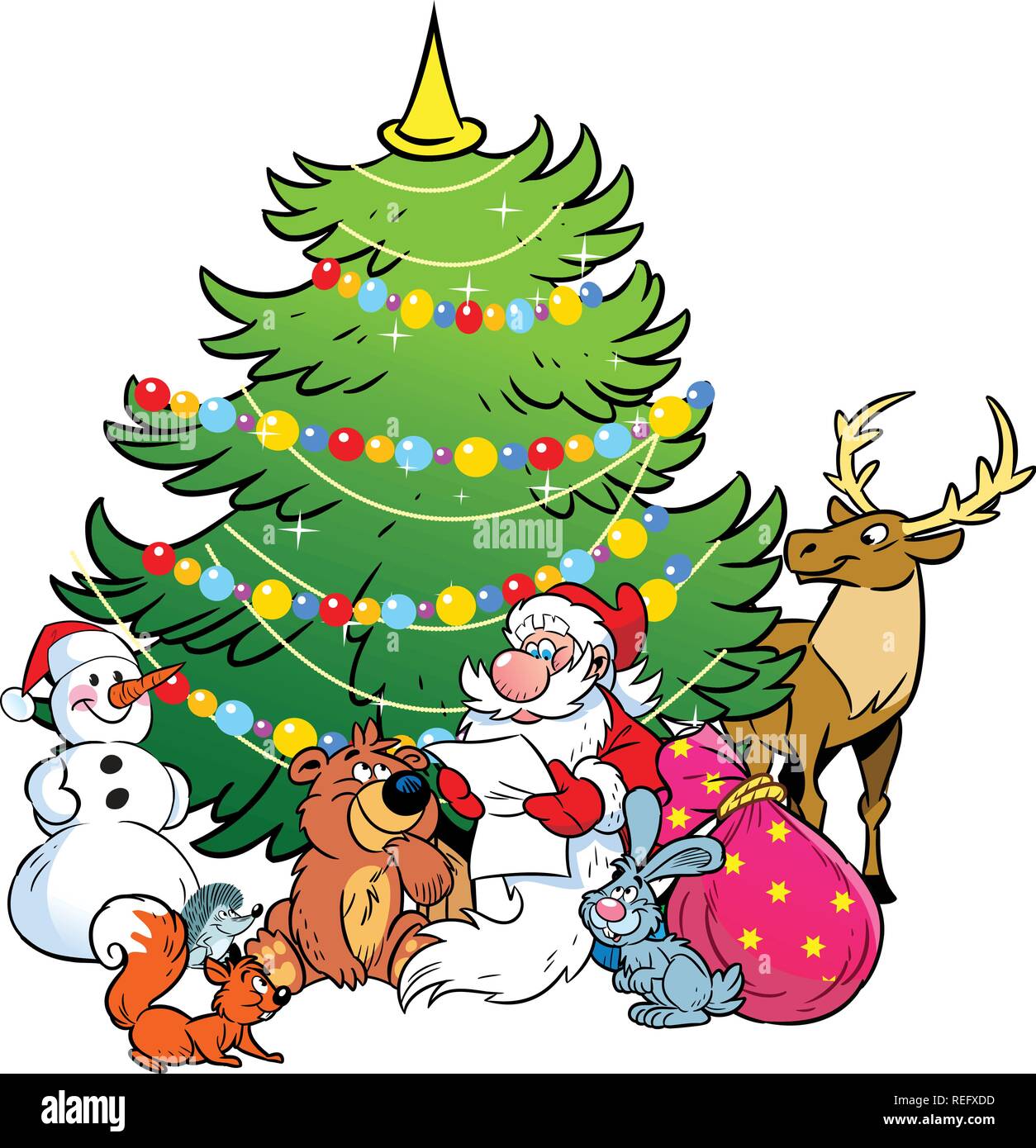 The illustration shows the snowman and Santa Claus, who reads the list of holiday gifts for animals on the background of Christmas tree. Stock Vector