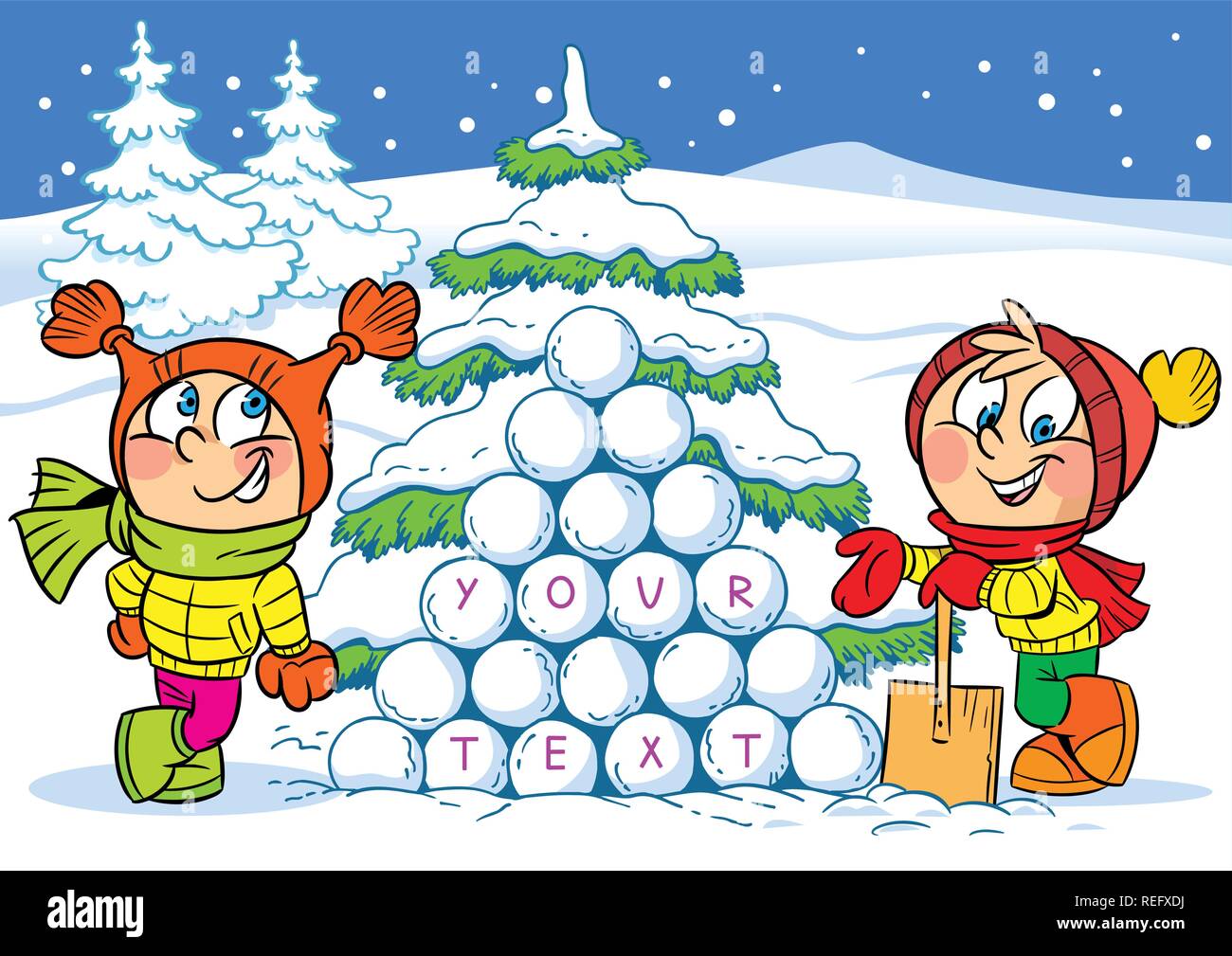 The illustration shows a funny children who play in the snow near a Christmas tree. Illustration done in cartoon style. Stock Vector