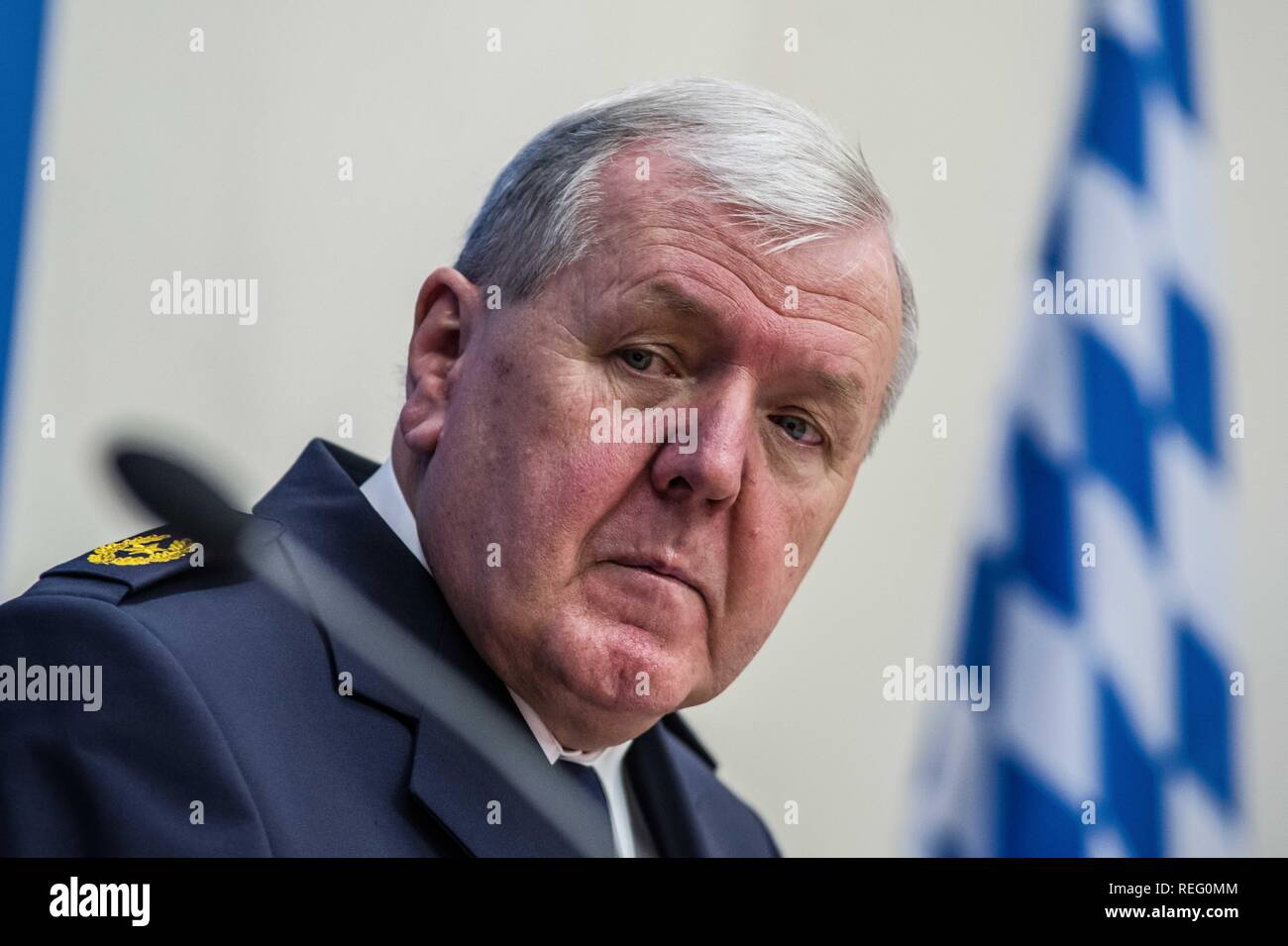 Munich, Bavaria, Germany. 21st Jan, 2019. Direktor der Bayerischen Grenzpolizei ALOIS MANNICHL. The Bavarian Innenminister Joachim Herrmann and the Direktor der Bayerischen Grenzpolizei Alois Mannichl presented the half year statistics of the controversial border police (Grenzpolizei) that operates at the border crossings between Germany and Austria. Herrmann announced plans to double the border protection police by 2023.ment including endoscopes for detection of smuggled items. The Grenzschutzpolizei was originally created by Bavar Credit: ZUMA Press, Inc./Alamy Live News Stock Photo