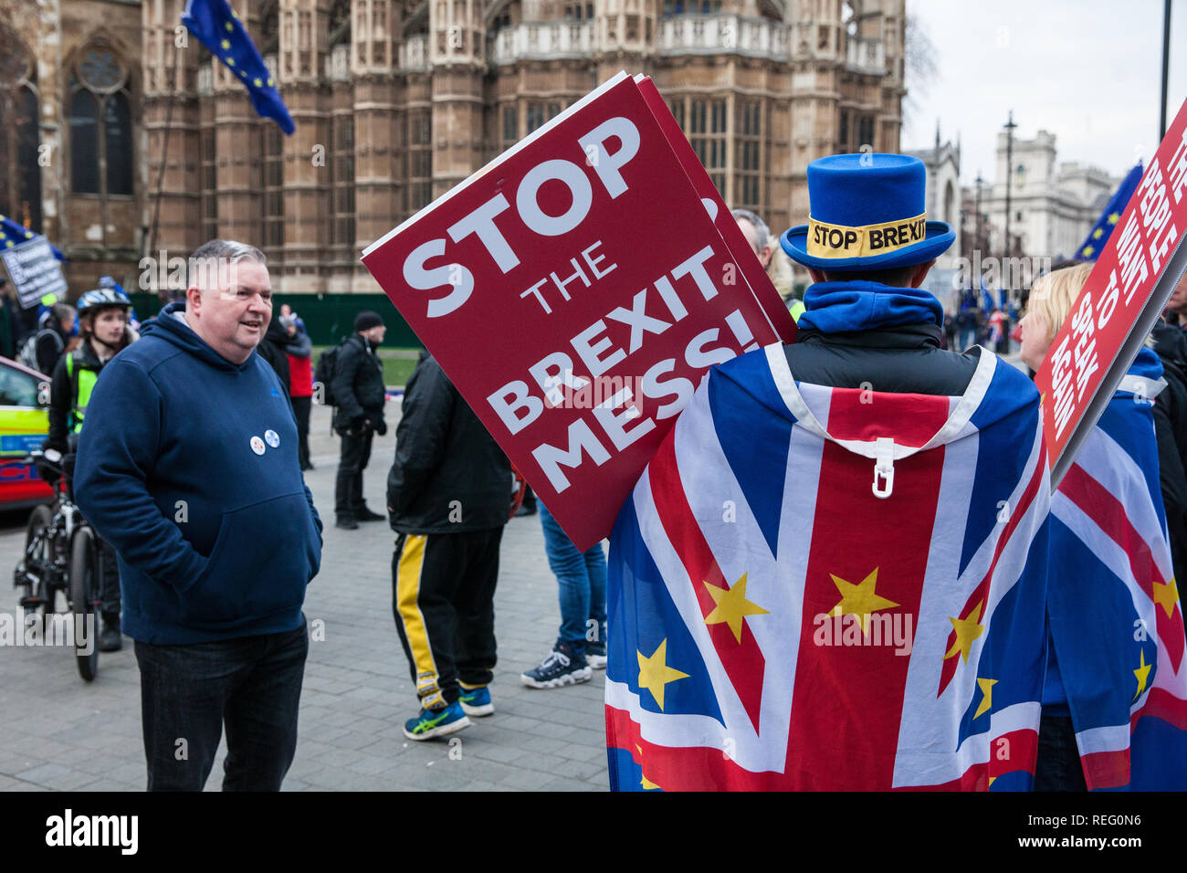 London, UK. 21st January, 2019. Supporters of Yellow Vests UK confront Steve Bray of SODEM (Stand of Defiance European Movement) during a protest outside the Houses of Parliament, Credit: Mark Kerrison/Alamy Live News Stock Photo
