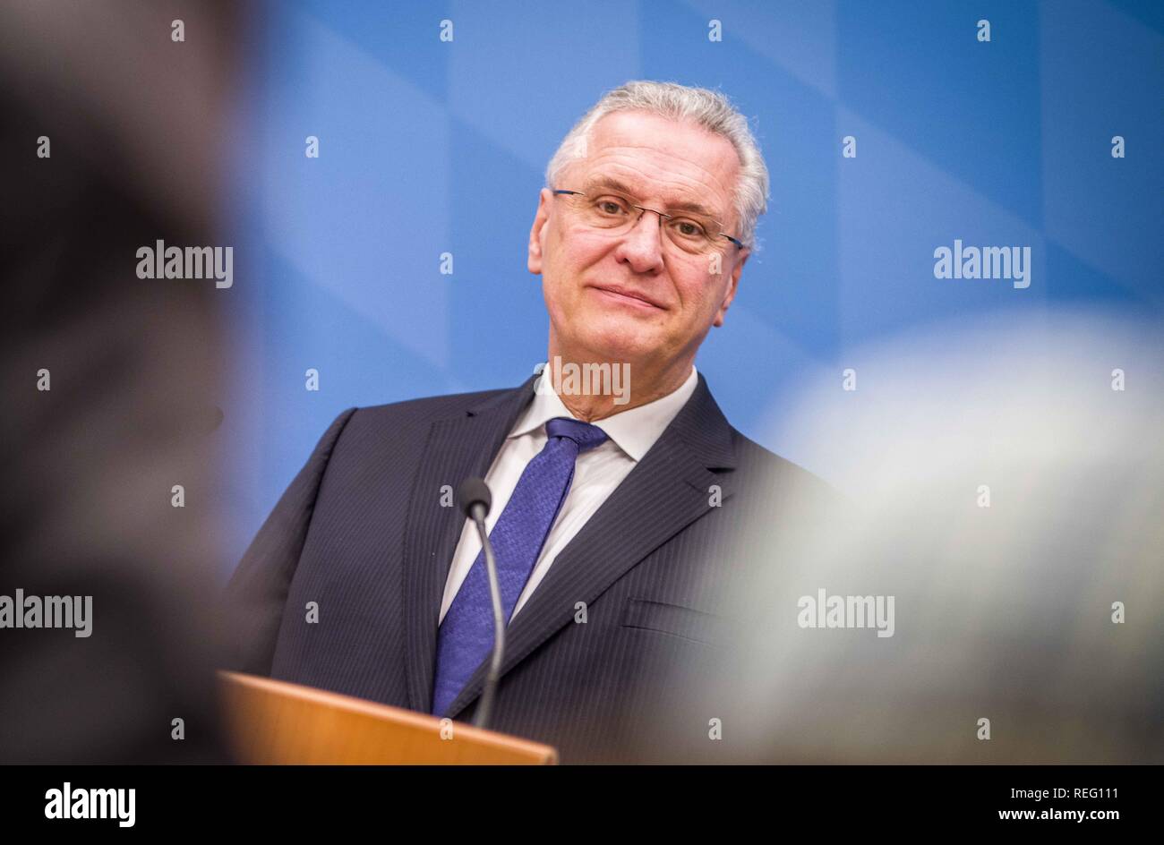 Munich, Bavaria, Germany. 21st Jan, 2019. Bavarian Interior Minister JOACHIMM HERRMANN during the presentation of the Halbjahrsbilanz of the Grenzpolizei (Half Year Statistics of the Border Police). The Bavarian Innenminister Joachim Herrmann and the Direktor der Bayerischen Grenzpolizei Alois Mannichl presented the half year statistics of the controversial border police (Grenzpolizei) that operates at the border crossings between Germany and Austria. Herrmann announced plans to double the border protection police by 2023.ment includ Credit: ZUMA Press, Inc./Alamy Live News Stock Photo