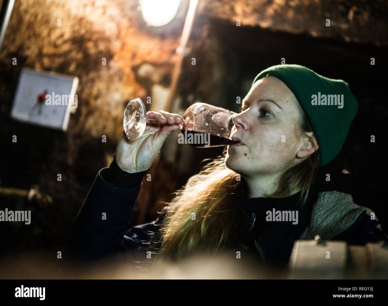 Biebelnheim, Germany. 11th Jan, 2019. Hanneke Schönhals, winemaker at the Schönhals winery, tastes wine in her own wine cellar. Credit: Andreas Arnold/dpa/Alamy Live News Stock Photo