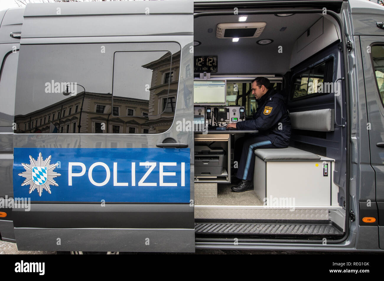 Munich, Bavaria, Germany. 21st Jan, 2019. Inside one of the mobile offices of the Bavarian Border Police, where they display the advanced communications and proofing devices they use to carry out their tasks. The Bavarian Innenminister Joachim Herrmann and the Direktor der Bayerischen Grenzpolizei Alois Mannichl presented the half year statistics of the controversial border police (Grenzpolizei) that operates at the border crossings between Germany and Austria. Herrmann announced plans to double the border protection police by 2023.m Credit: ZUMA Press, Inc./Alamy Live News Stock Photo