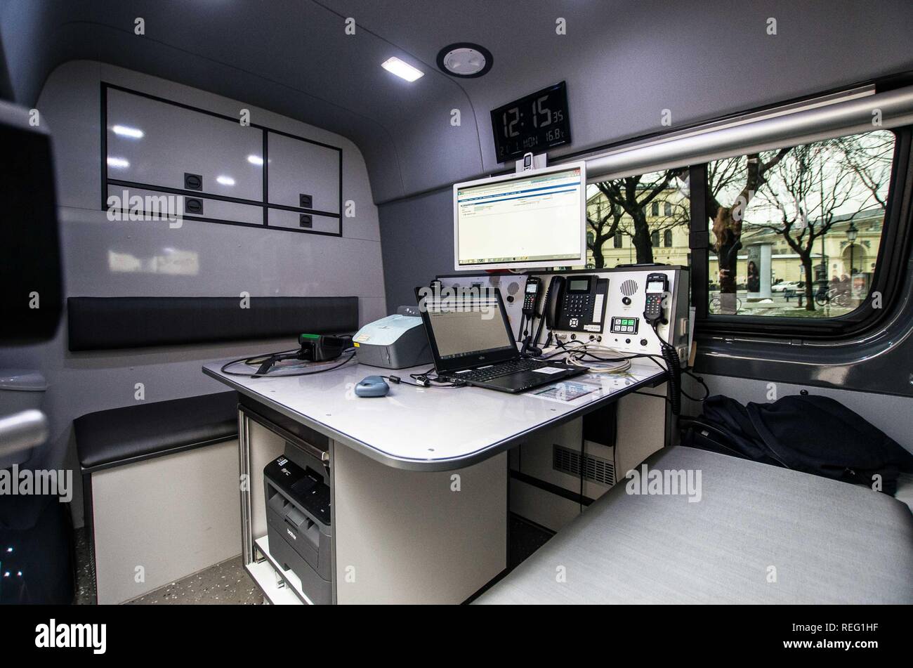 Munich, Bavaria, Germany. 21st Jan, 2019. Inside one of the mobile offices of the Bavarian Border Police, where they display the advanced communications and proofing devices they use to carry out their tasks. The Bavarian Innenminister Joachim Herrmann and the Direktor der Bayerischen Grenzpolizei Alois Mannichl presented the half year statistics of the controversial border police (Grenzpolizei) that operates at the border crossings between Germany and Austria. Herrmann announced plans to double the border protection police by 2023.m Credit: ZUMA Press, Inc./Alamy Live News Stock Photo
