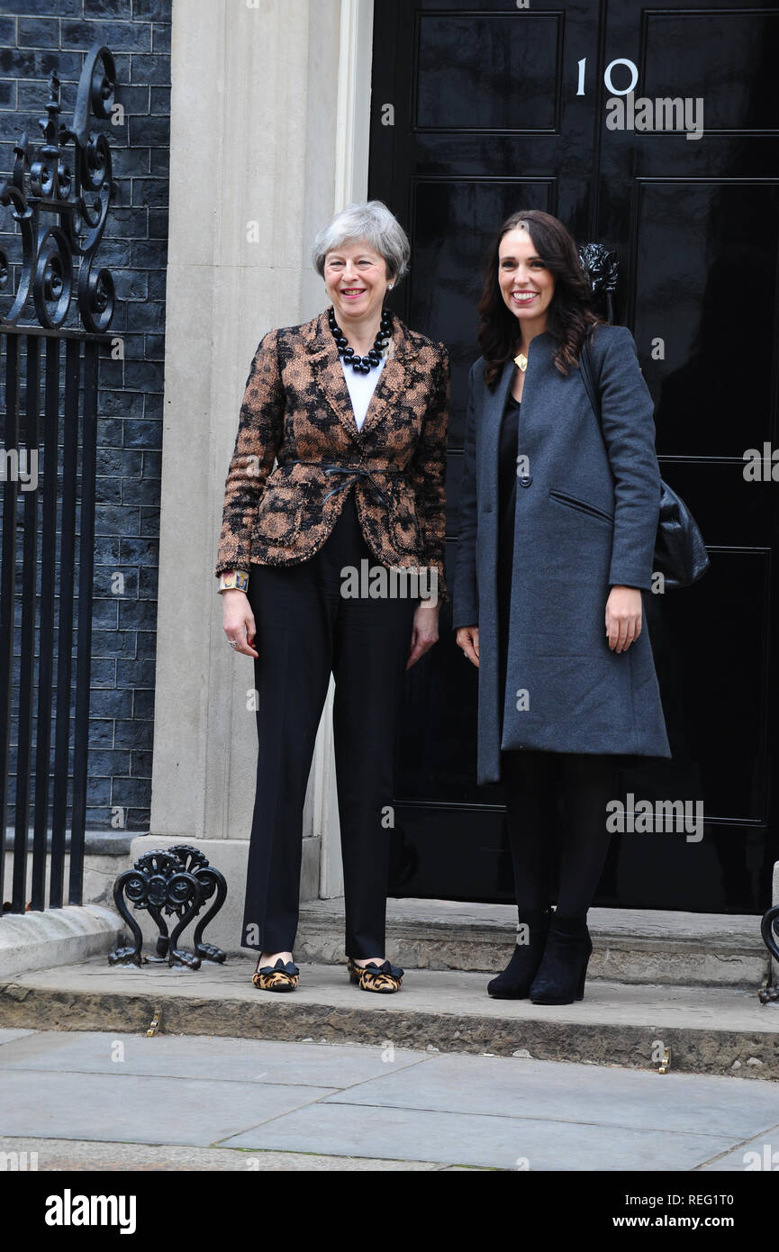 Prime Minister welcomes the Prime Minister of New Zealand, Jacinda Ardern at Downing Street in London. Stock Photo