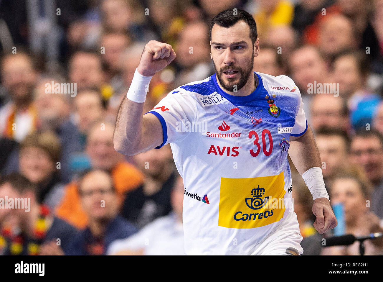 Cologne, Germany. 21st January 2019.Handball: WM, Spain - Brazil, main round, group 1, 2nd matchday. Spain's Gedeon Guardiola cheers for a goal. Photo: Marius Becker/dpa Credit: dpa picture alliance/Alamy Live News Stock Photo