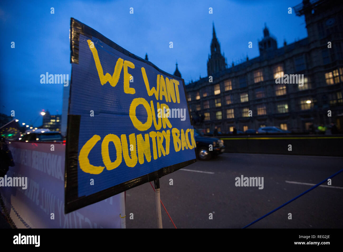 London, UK. 21st Janaury 2019. Placards opposing brexit outside Parliament Credit: George Cracknell Wright/Alamy Live News Stock Photo