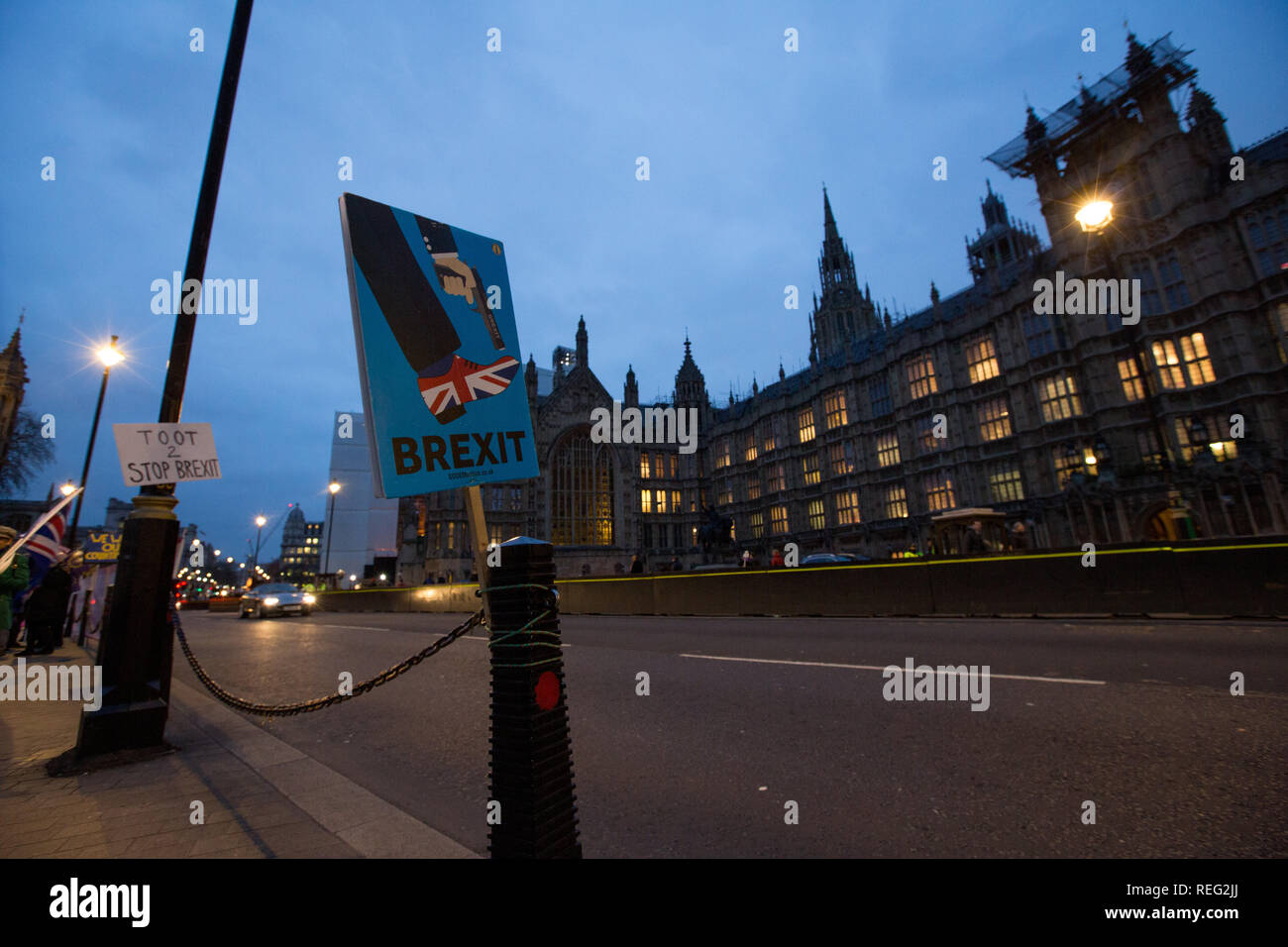 London, UK. 21st Janaury 2019. Placards opposing brexit outside Parliament Credit: George Cracknell Wright/Alamy Live News Stock Photo