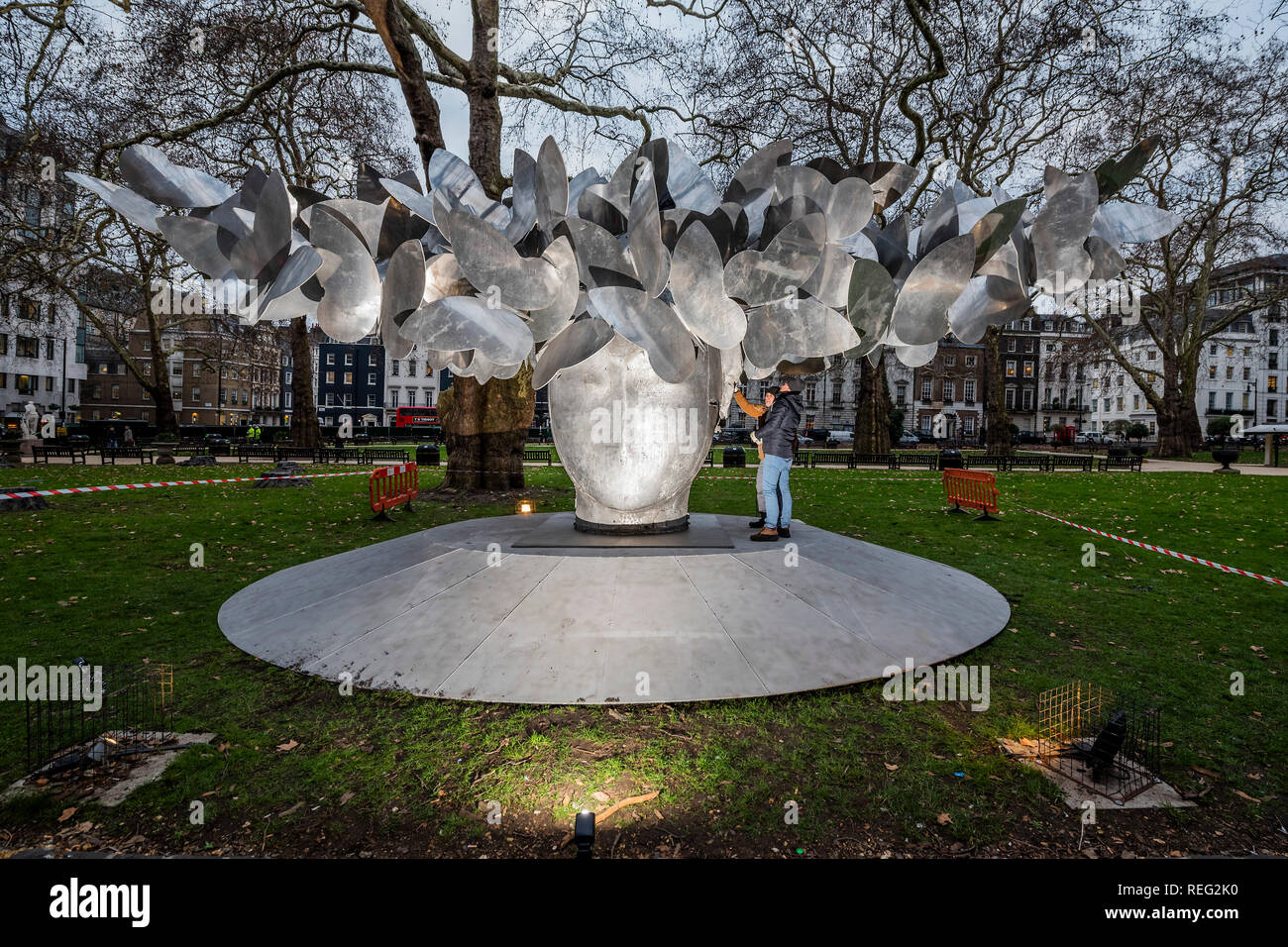 London, UK. 21st Januay 2019. Butterflies by Spanish artist Manolo Valdés launched by Opera Gallery. The sculpture was installed at Berkeley Square in London today, and is one of the eight sculptures included in City of London’s Sculpture in the City initiative that aims to turn the city into an urban gallery space. Weighing over five tonnes, the giant sculpture will be residing at its Mayfair location for six months. Credit: Guy Bell/Alamy Live News Stock Photo