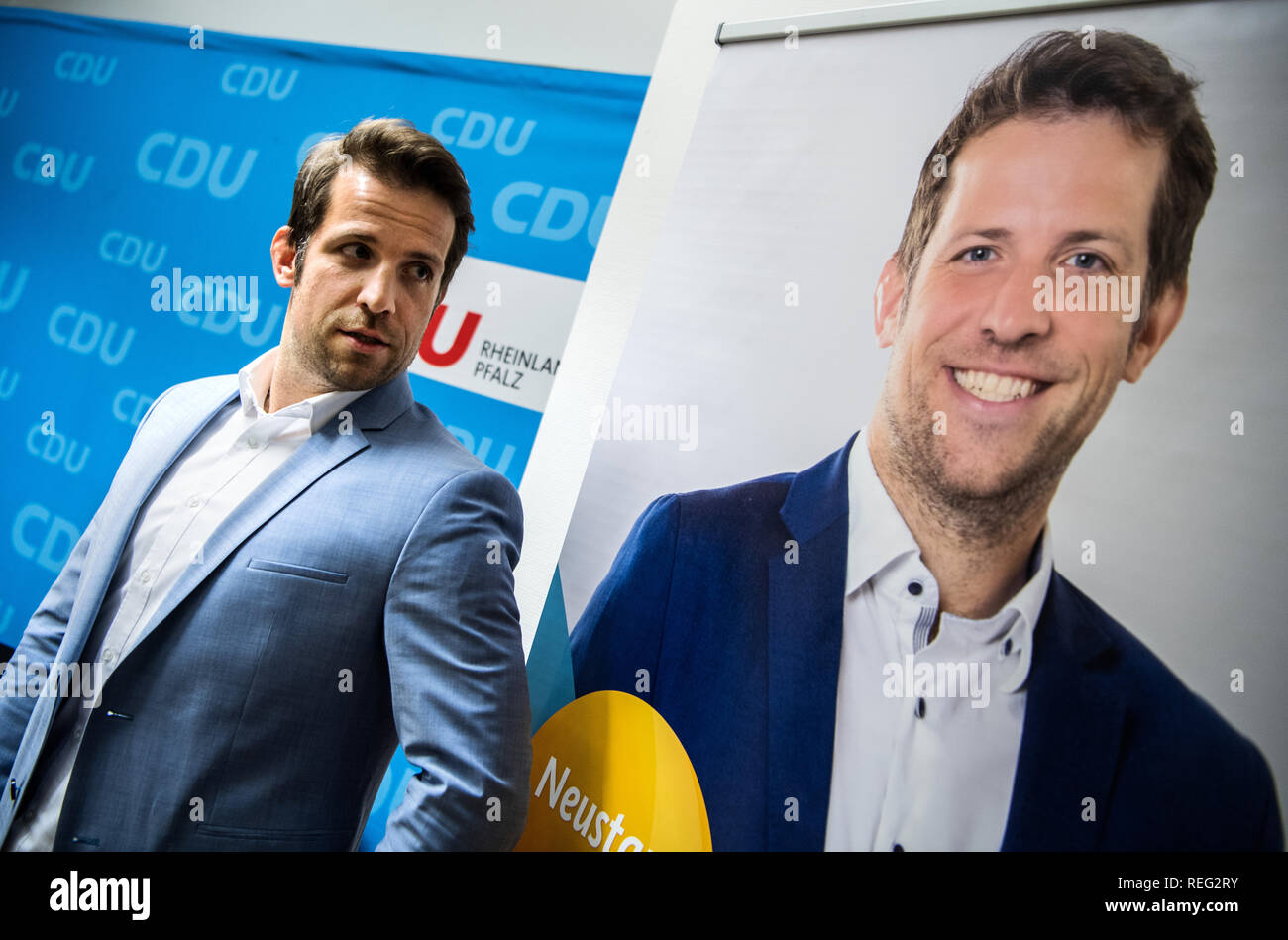 Mainz, Germany. 21st Jan, 2019. Nino Haase (without a party) is standing next to a banner with his portrait in the CDU headquarters. The CDU in Mainz wants to send the independent Nino Haase into the race for the office of mayor. Credit: Andreas Arnold/dpa/Alamy Live News Stock Photo