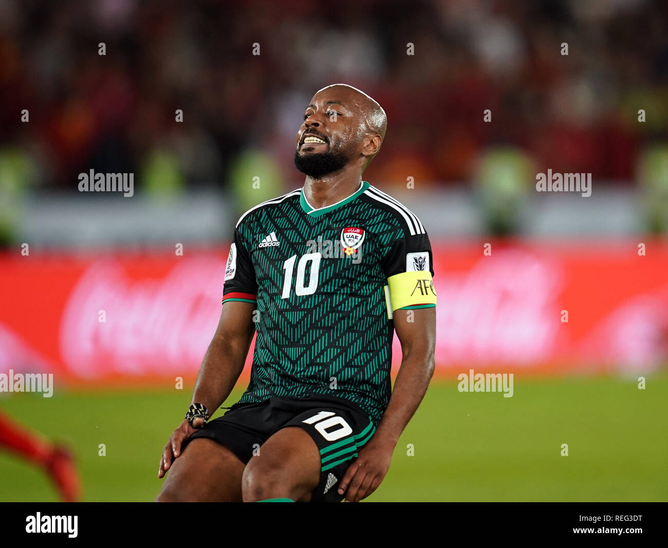January 21, 2019 : Ismail Matar of United Arab Emirates after missing the ball during United Arab Emirates v Kyrgyzstan at the Zayed Sports City Stadium in Abu Dhabi, United Arab Emirates, AFC Asian Cup, Asian Football championship. Ulrik Pedersen/CSM. Stock Photo