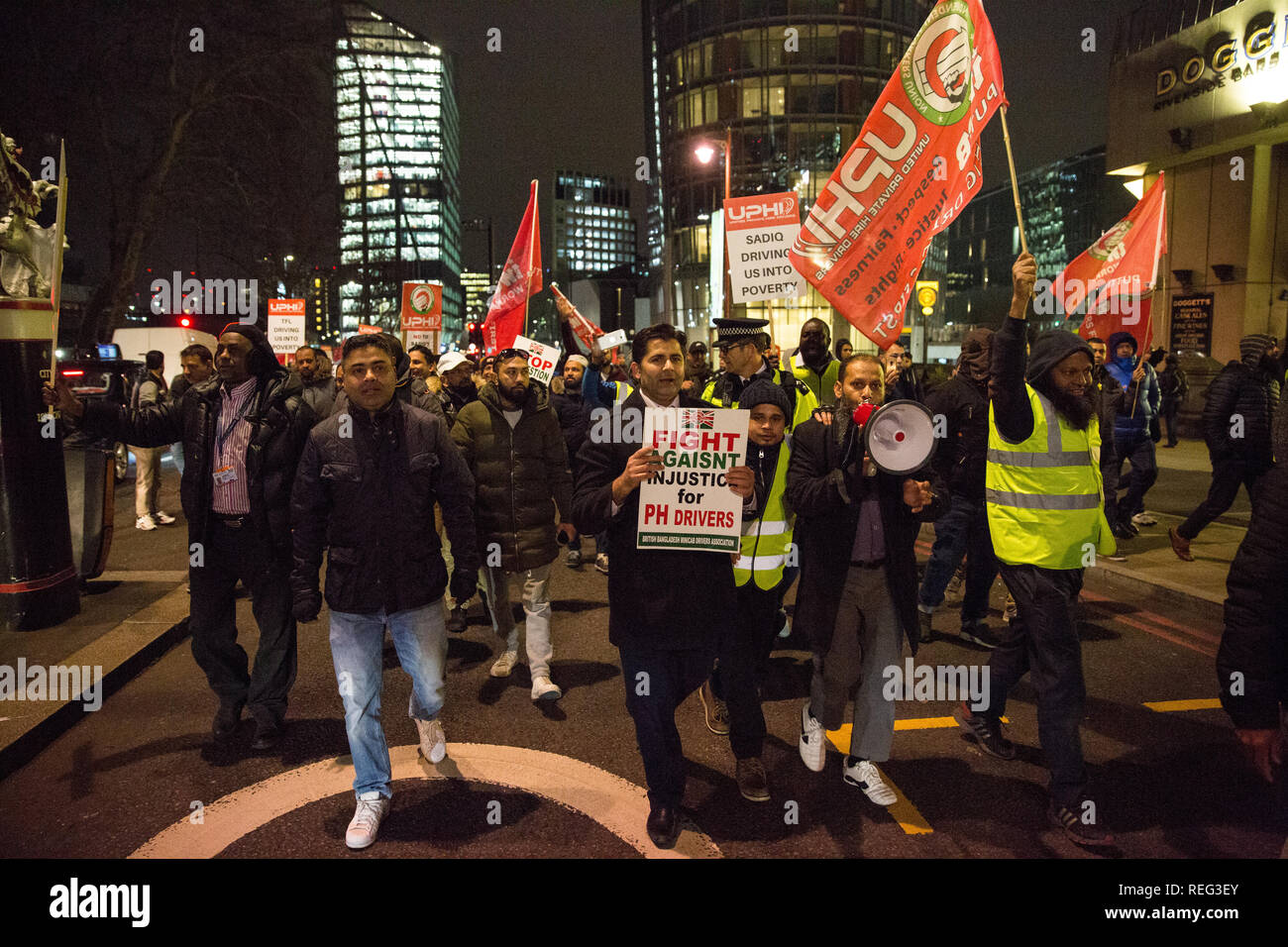 London, UK. 21st January, 2019. Hundreds of minicab drivers take part in a protest outside the offices of Transport for London organised by the Independent Workers Union of Great Britain's (IWGB) United Private Hire Drivers branch following the introduction last month of congestion charges for minicabs. Credit: Mark Kerrison/Alamy Live News Stock Photo