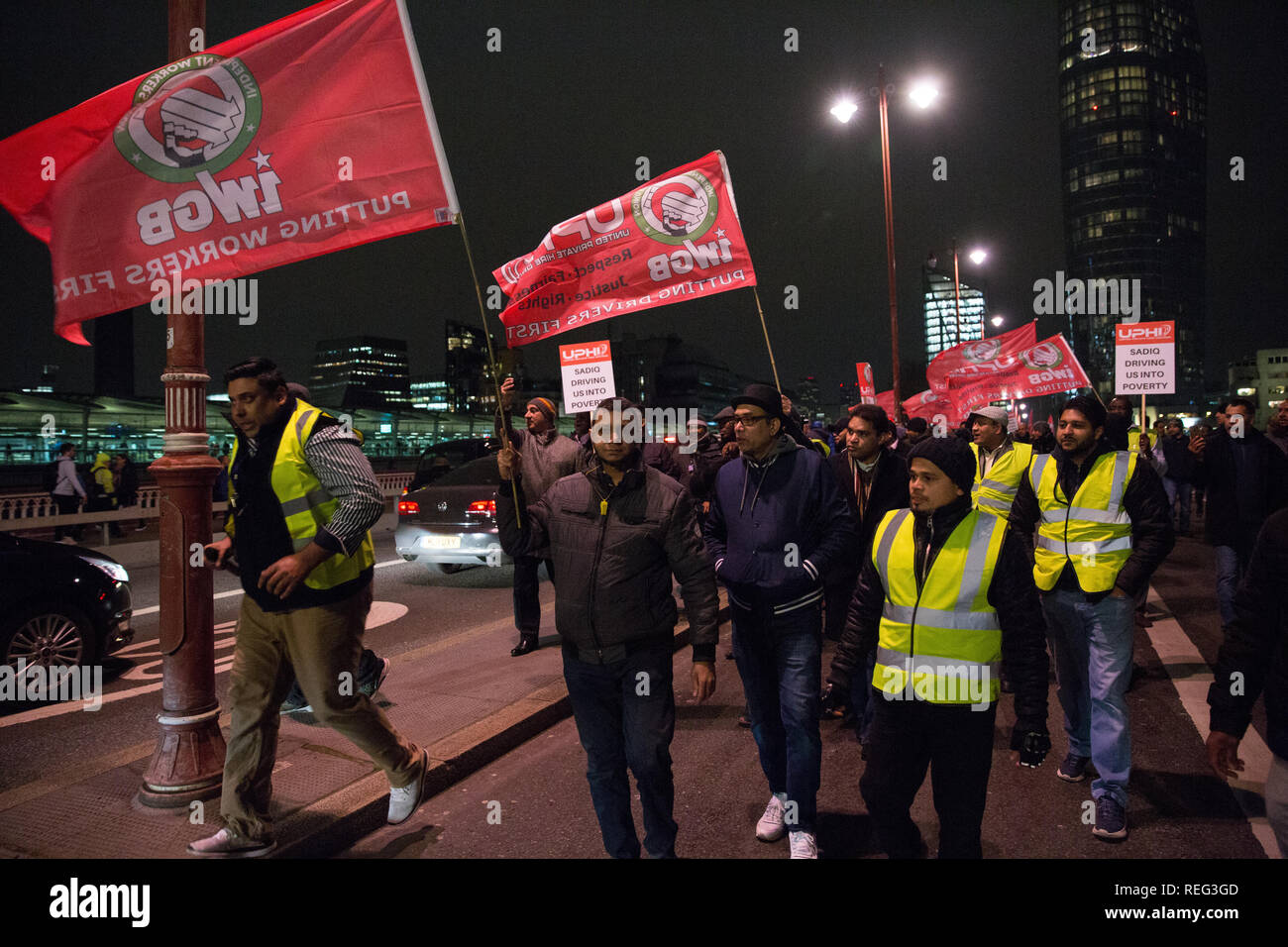 London, UK. 21st January, 2019. Hundreds of minicab drivers take part in a protest outside the offices of Transport for London organised by the Independent Workers Union of Great Britain's (IWGB) United Private Hire Drivers branch following the introduction last month of congestion charges for minicabs. Credit: Mark Kerrison/Alamy Live News Stock Photo