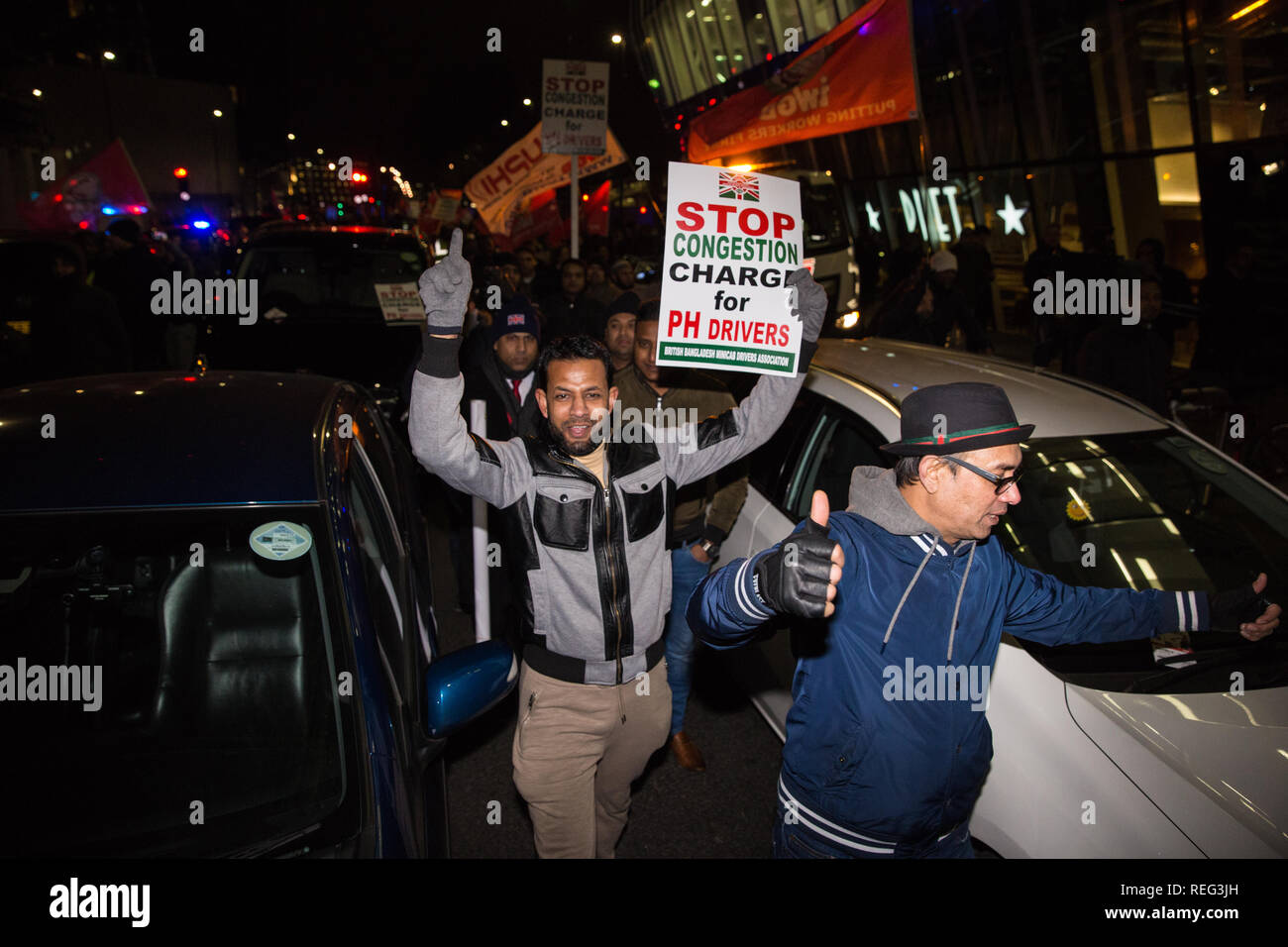 London, UK. 21st January, 2019. Hundreds of minicab drivers take part in a protest outside the offices of Transport for London organised by the Independent Workers Union of Great Britain's (IWGB) United Private Hire Drivers branch following the introduction last month of congestion charges for minicabs. Credit: Mark Kerrison/Alamy Live News Stock Photo