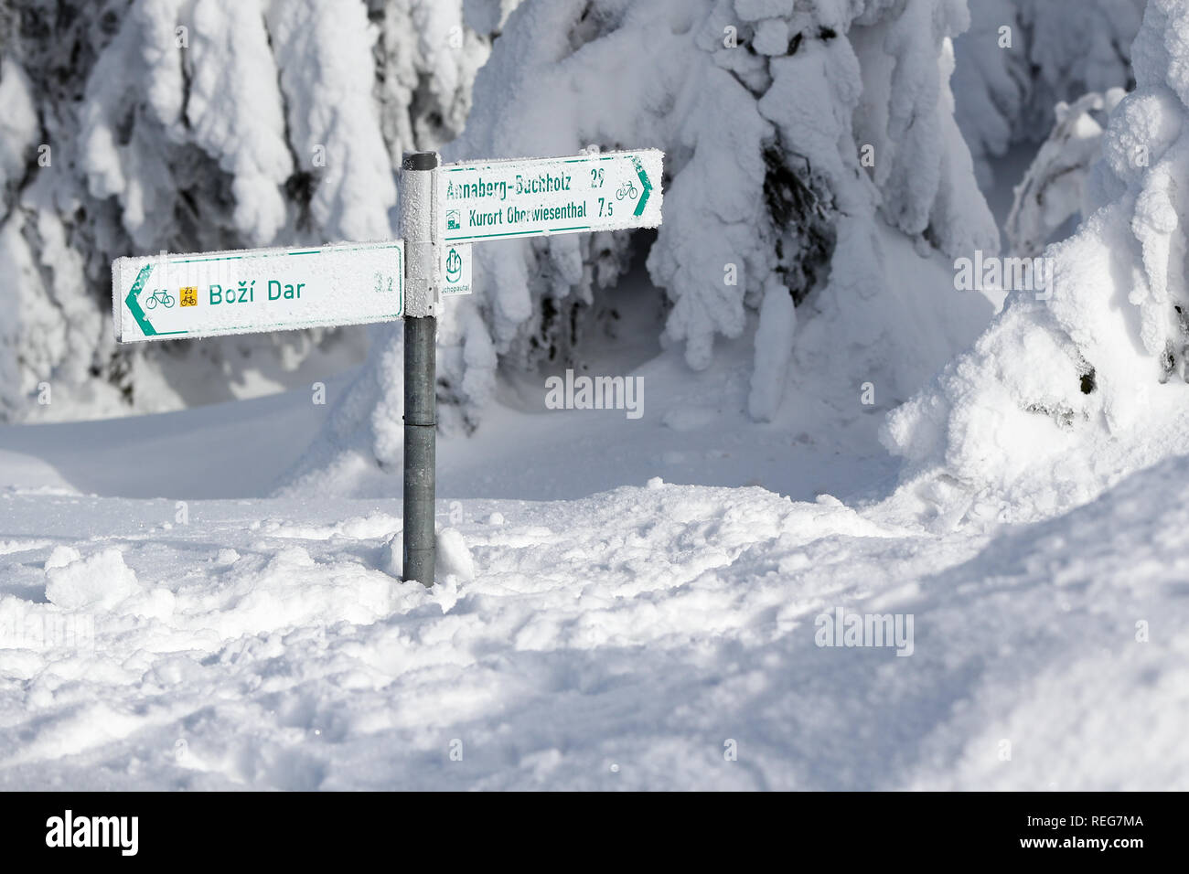 Oberwiesenthal, Germany. 21st Jan, 2019. Signposts stand at knee height in the snow on the snow-covered Fichtelberg. The snowfalls of the past few days have provided plenty of white splendour. Credit: Jan Woitas/dpa-Zentralbild/ZB/dpa/Alamy Live News Stock Photo