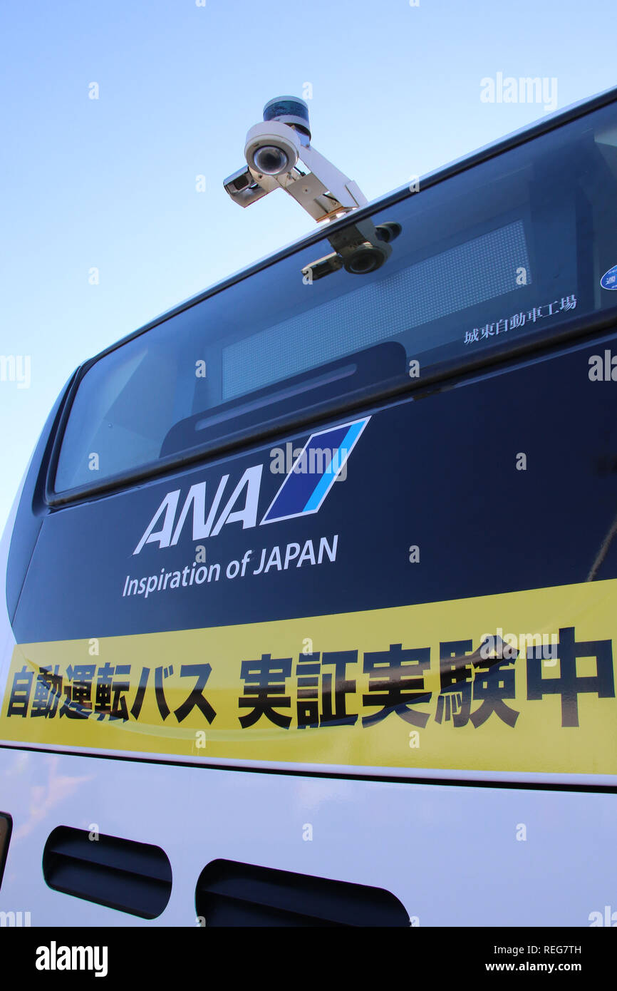 Tokyo Japan 22nd Jan 19 All Nippon Airways Ana Autonomous Driving Bus Is Displayed At The Apron Of Tokyo S Haneda Airport For A Field Test Between The Main Terminal And The Satellite