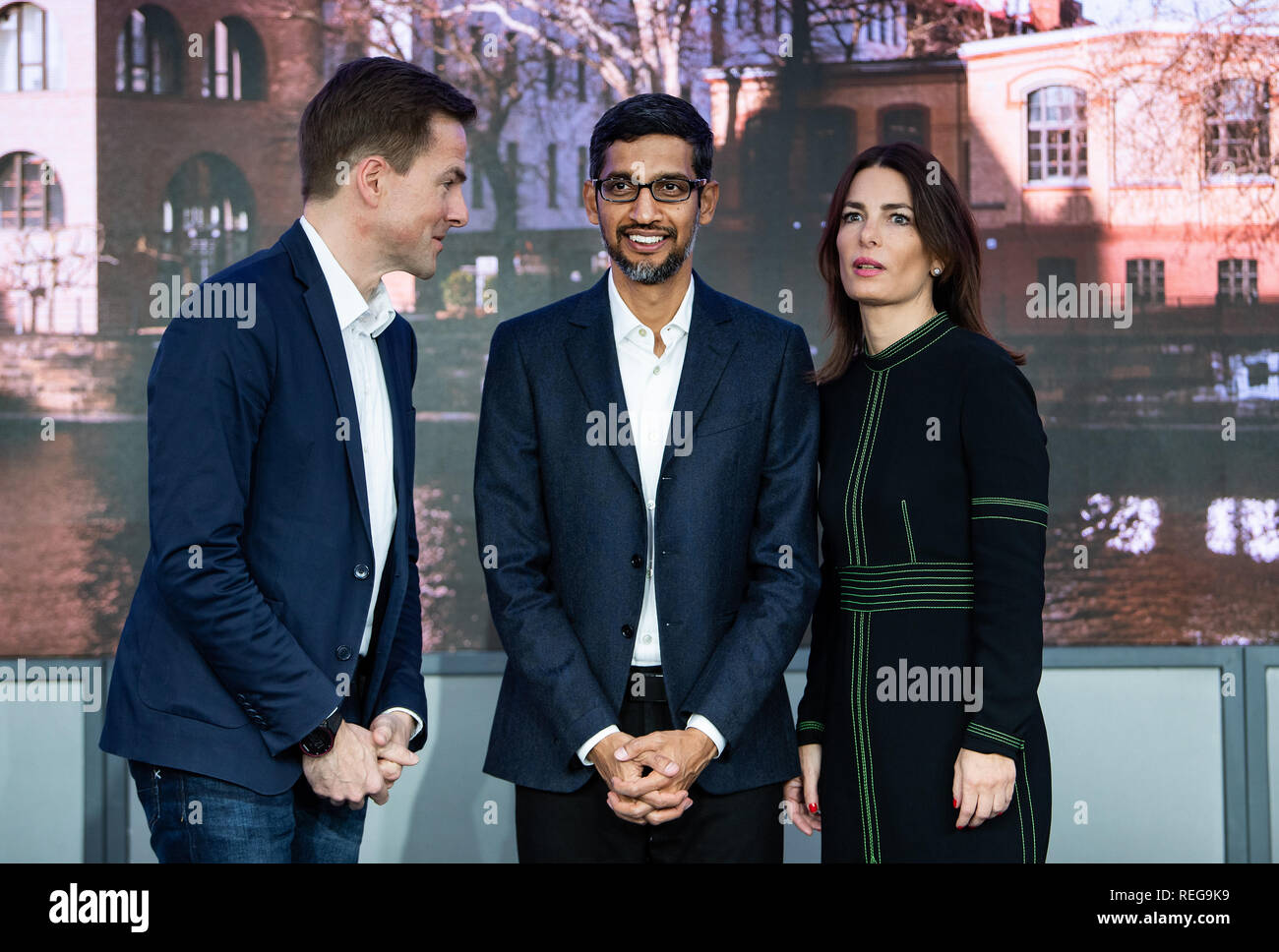 Berlin, Germany. 22nd Jan, 2019. Philipp Justus (l-r), Google Vice  President for Central Europe and the German-speaking Countries, Sundar  Pichai, CEO of Google, and Annette Kroeber-Riel, Senior Director Public  Policy and Government