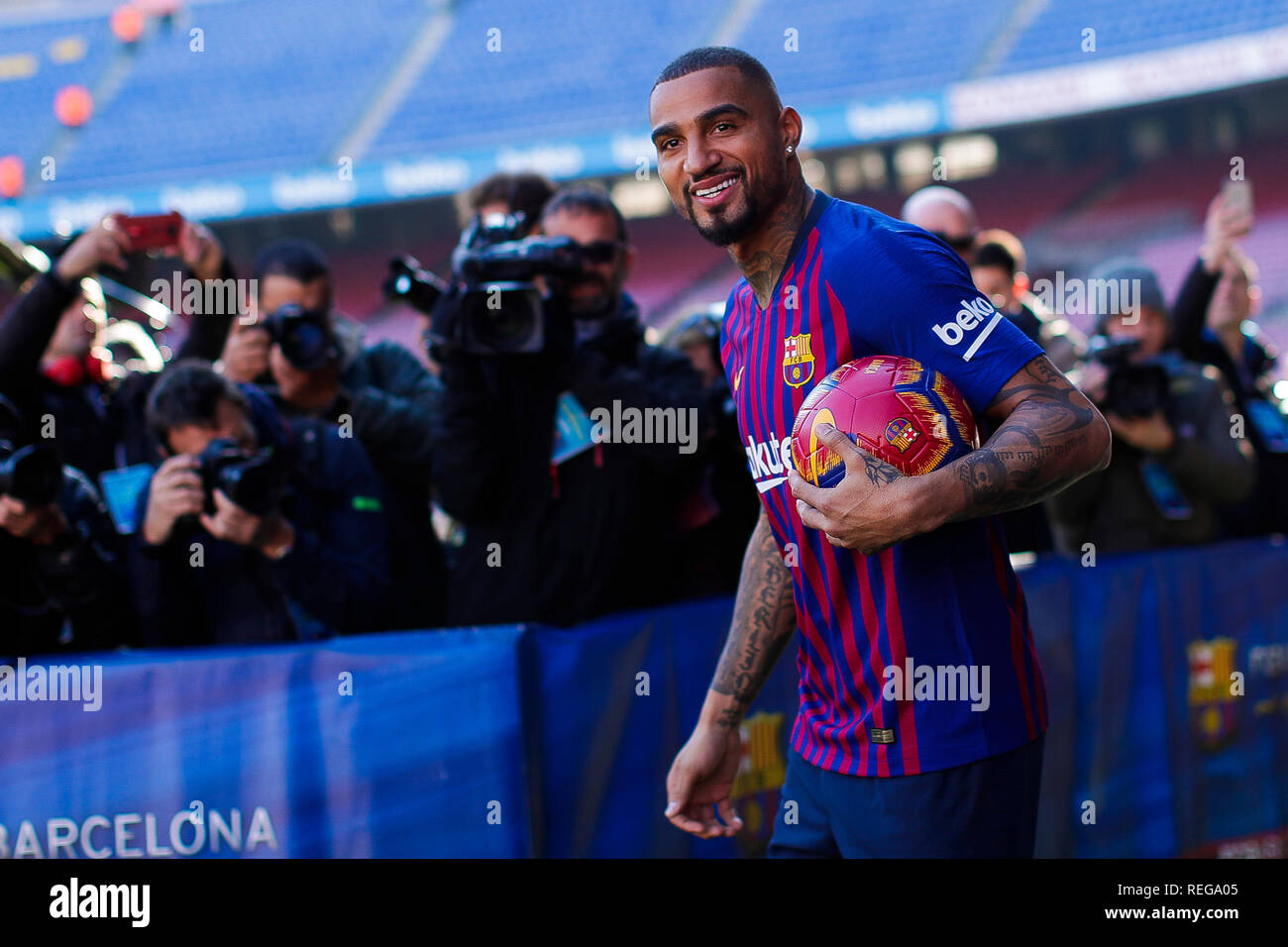 Camp Nou, Barcelona, Spain. 22nd Jan, 2019. FC Barcelona new signing Kevin Prince Boateng press conference; Kevin Prince Boateng of FC Barcelona is all smiles as he heads to the pitch Credit: Action Plus Sports/Alamy Live News Stock Photo