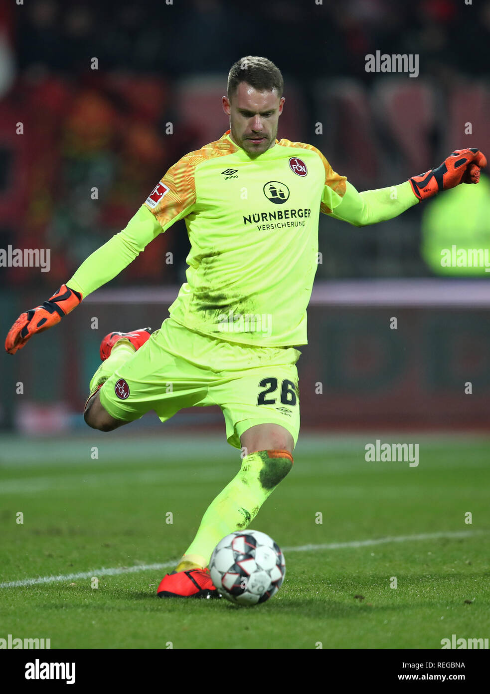 20 January 2019, Bavaria, Nürnberg: Soccer: Bundesliga, 1st FC Nuremberg - Hertha BSC, 18th matchday in Max Morlock Stadium. Nuremberg goalkeeper Christian Mathenia plays the ball. Photo: Daniel Karmann/dpa - IMPORTANT NOTE: In accordance with the requirements of the DFL Deutsche Fußball Liga or the DFB Deutscher Fußball-Bund, it is prohibited to use or have used photographs taken in the stadium and/or the match in the form of sequence images and/or video-like photo sequences. Stock Photo