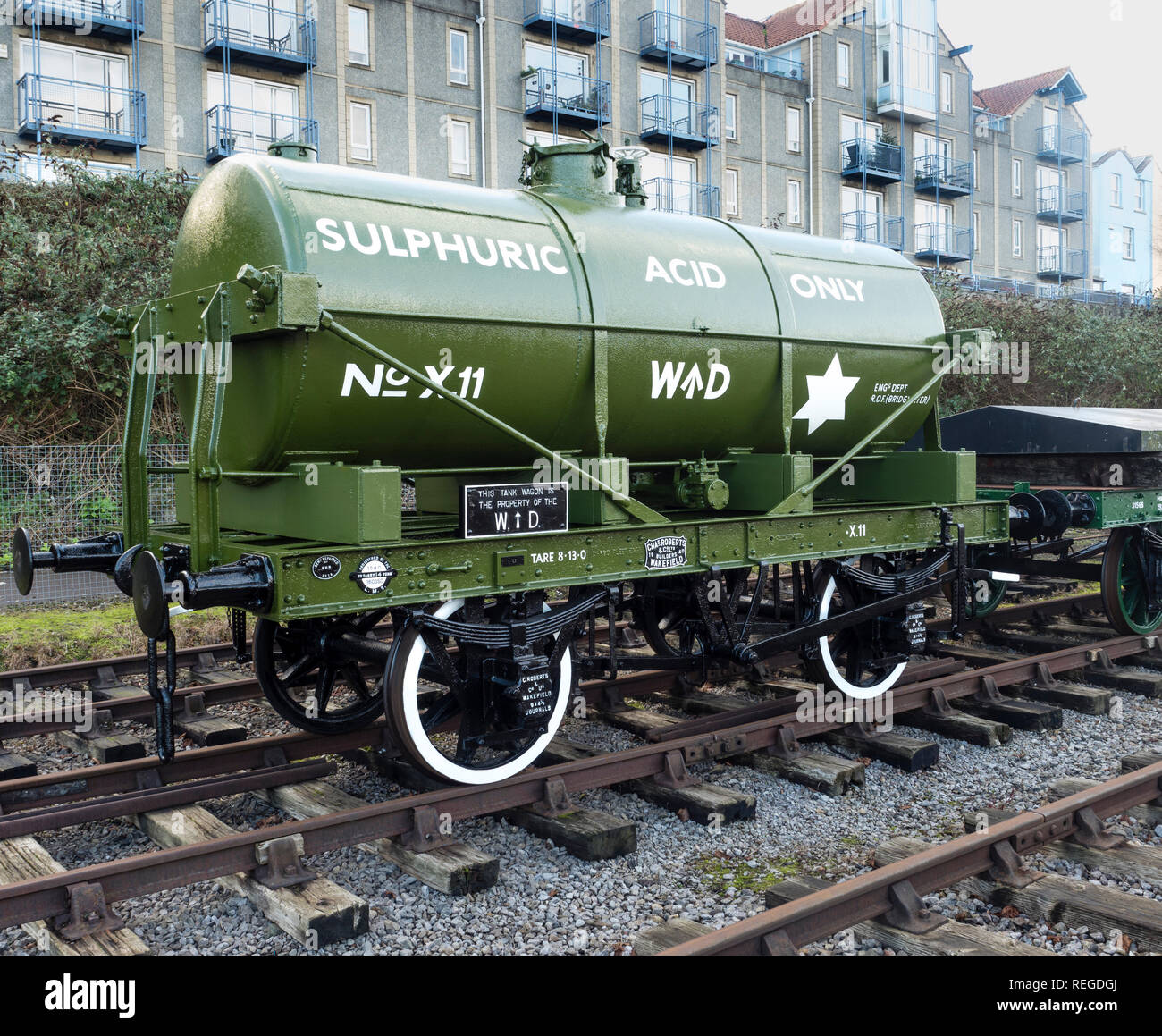 War Department Acid Tank on railway sidings in front of modern flats at Bristol's Harbourside in the UK Stock Photo