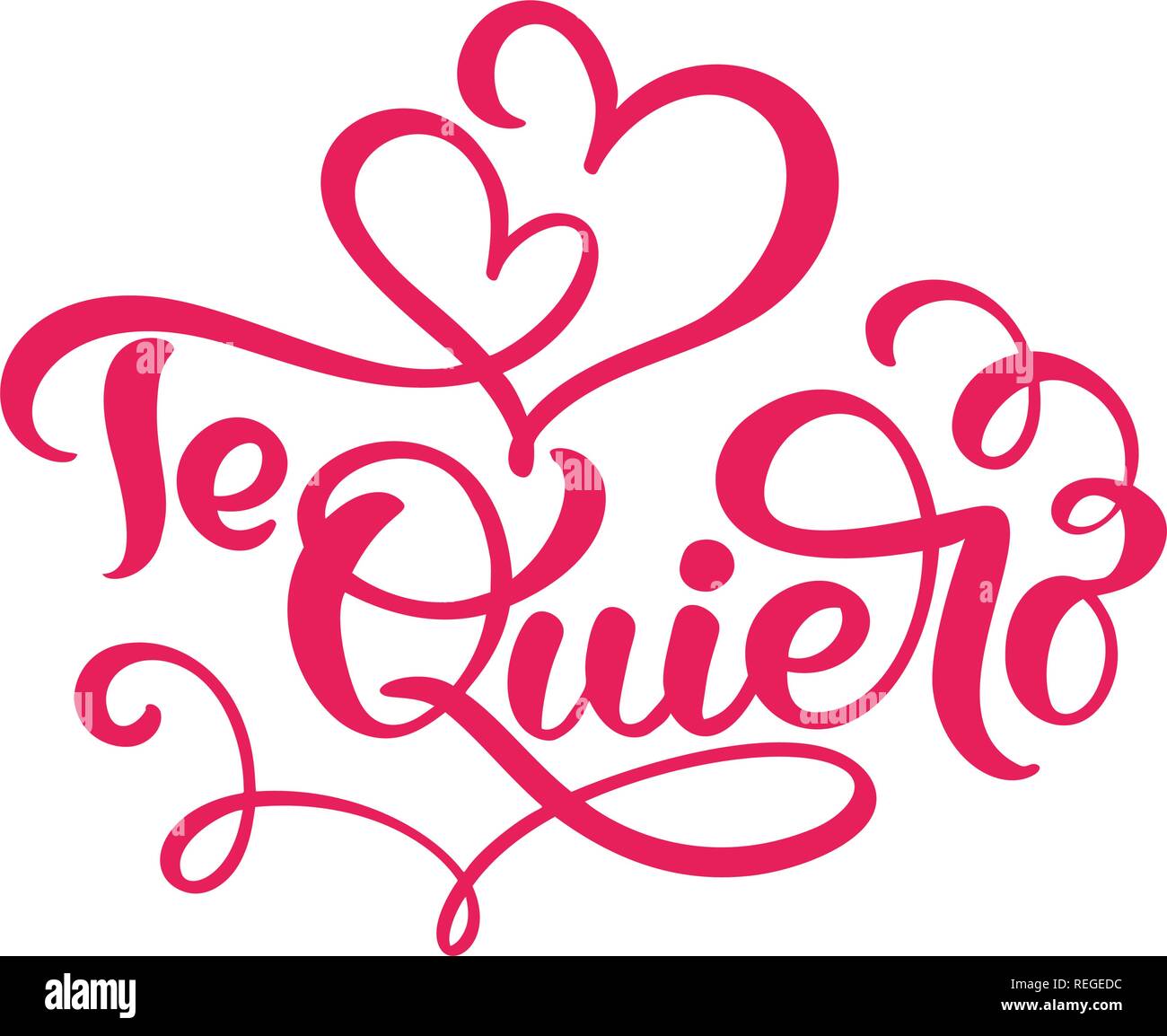 Calligraphy red phrase Te Quiero on Spanish - I Love You. Vector Valentines Day Hand Drawn lettering. Heart Holiday sketch doodle Design valentine card. decor for web, wedding and print. Isolated illustration Stock Vector