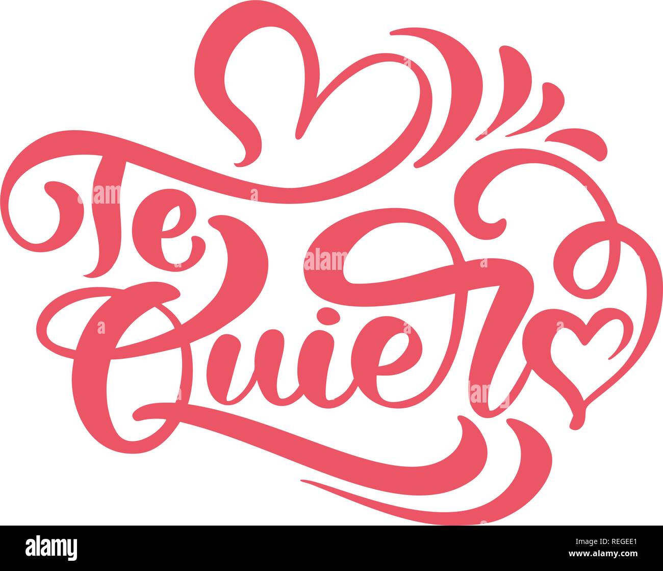 Calligraphy phrase Te Quiero on Spanish - I Love You. Vector Valentines Day Hand Drawn lettering. Heart Holiday sketch doodle Design valentine card. decor for web, wedding and print. Isolated illustration Stock Vector