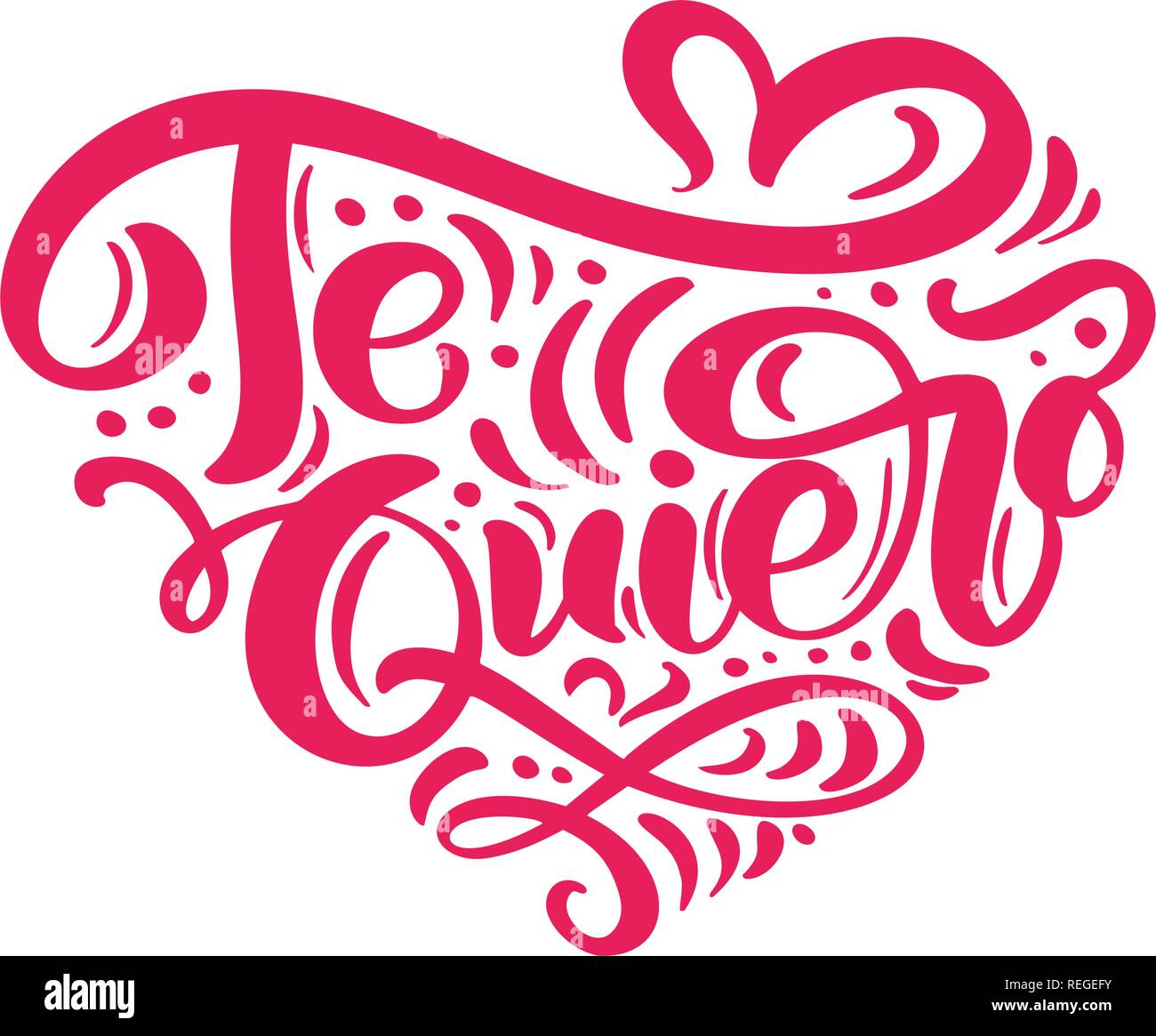 Calligraphy phrase Te Quiero on Spanish - I Love You. Vector Valentines Day Hand Drawn lettering. Heart Holiday sketch doodle Design valentine card. decor for web, wedding and print. Isolated illustration Stock Vector