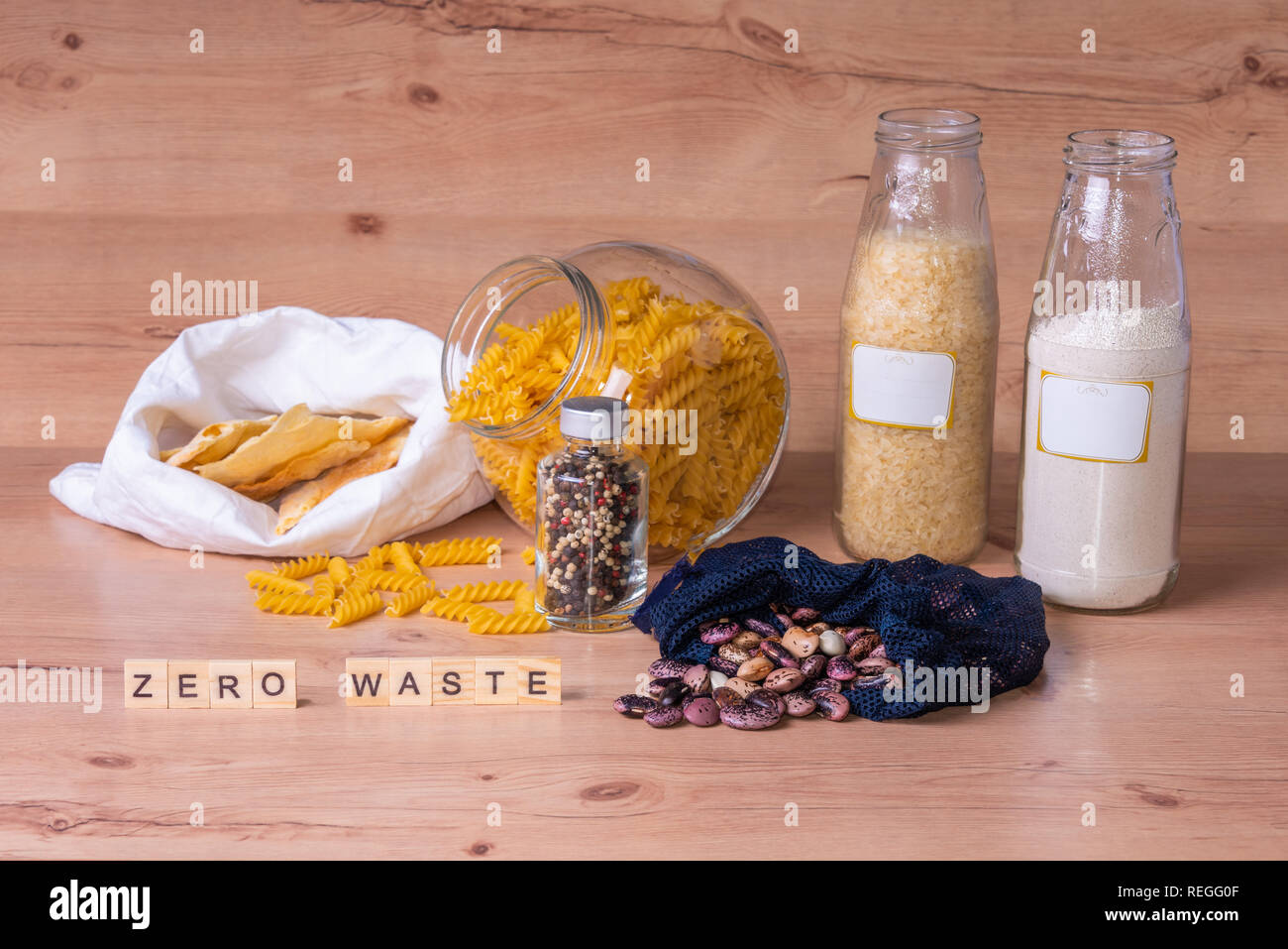 Zero waste sign, home style storage in glass of jar no plastic in use