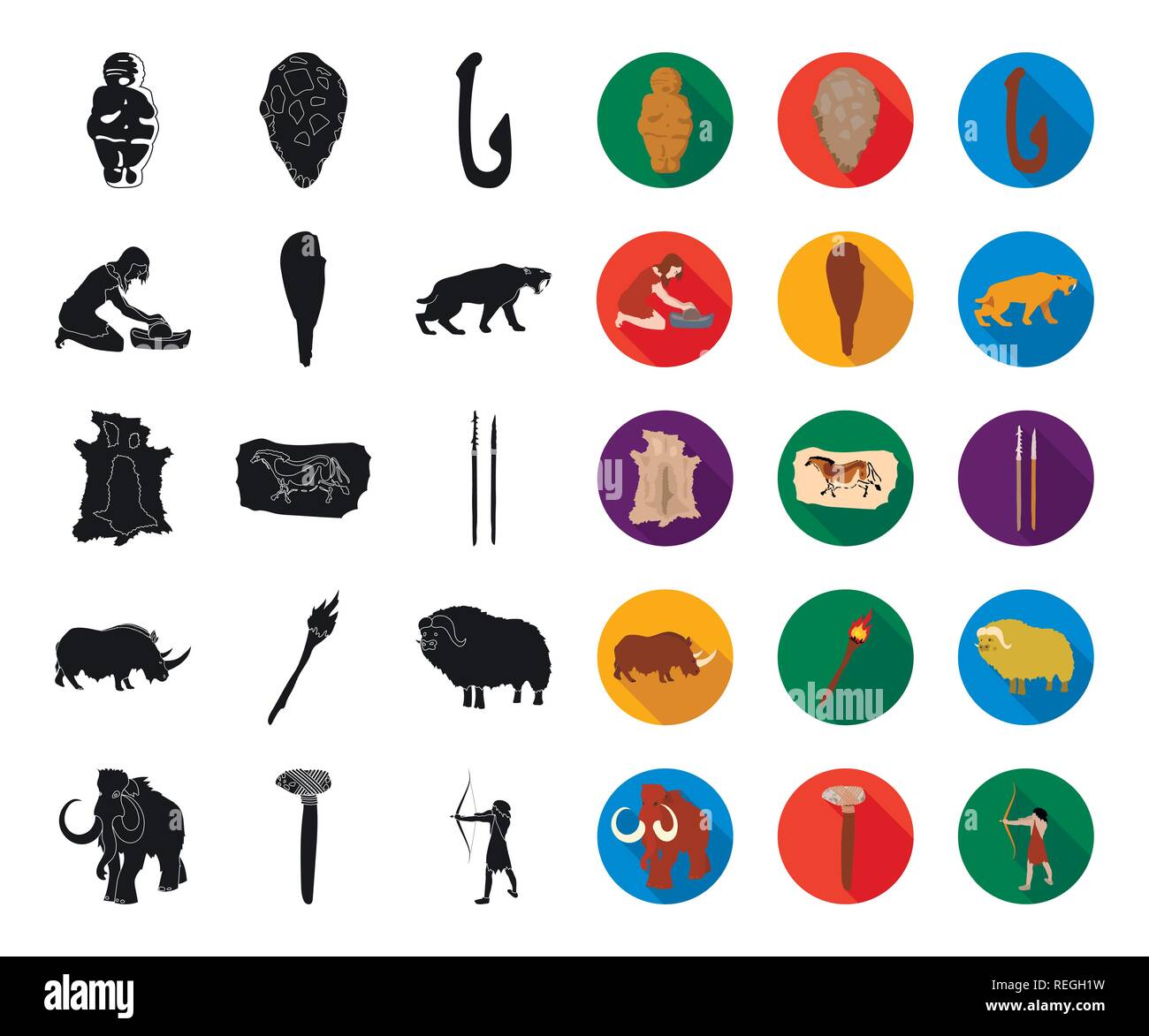 age,ancient,animal,antiquity,arrow,axe,beginning,black,flat,bone,bow,campfire,caveman,cavewoman,collection,culture,design,development,epoch,fauna,fish,grindstone,hide,hook,humanity,icon,illustration,isolated,life,logo,man,muskox,painting,people,period,rhinoceros,saber-toothed,set,sign,spears,stone,survival,symbol,tiger,tool,torch,truncheon,vector,venus,web,woolly mammoth Vector Vectors , Stock Vector