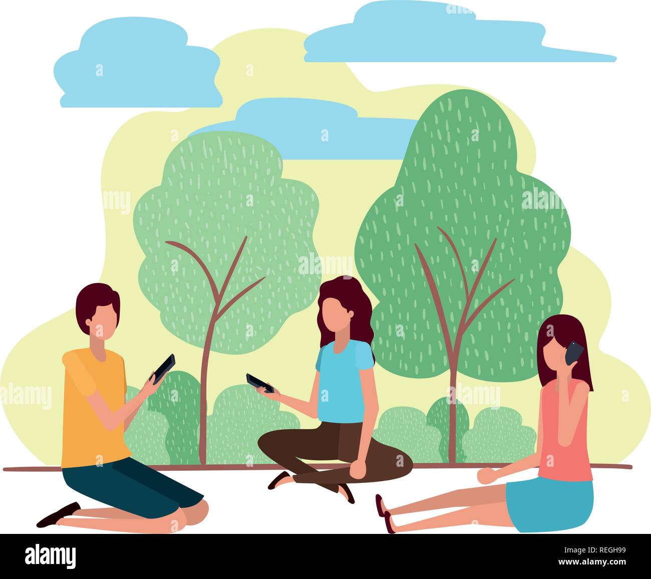 group of people with smartphone in landscape character Stock Vector ...