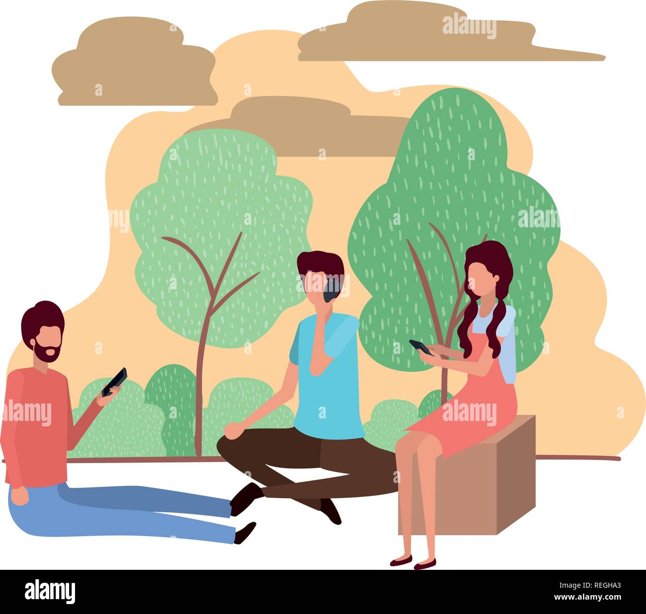 group of people with smartphone in landscape character Stock Vector ...