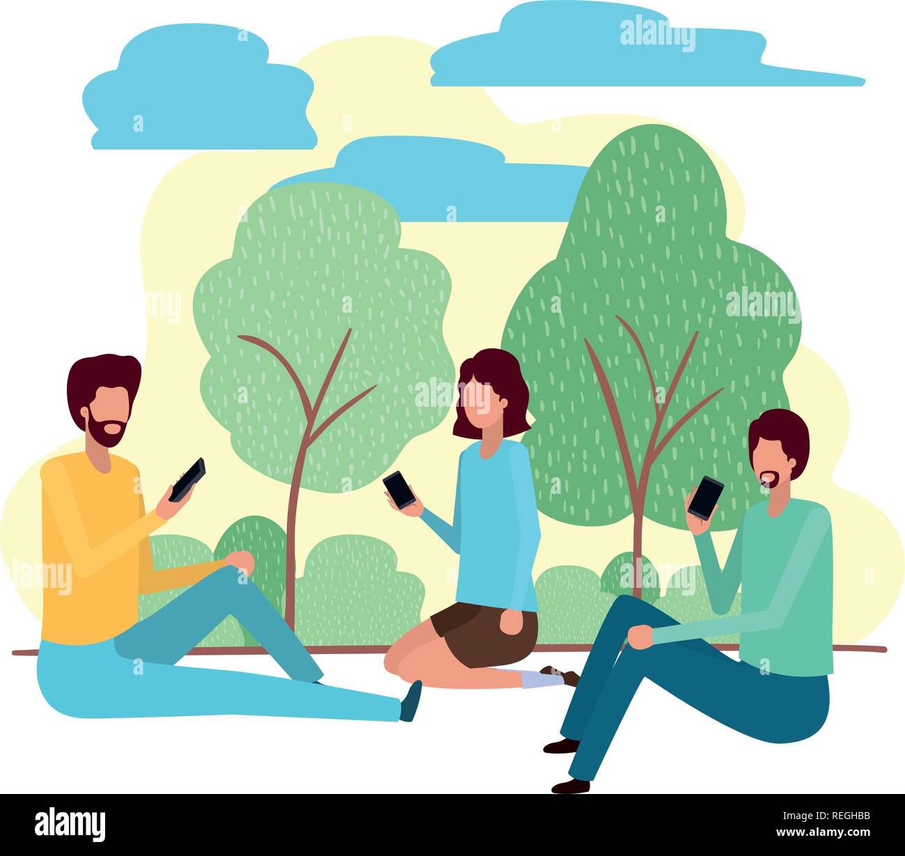 group of people with smartphone in landscape character Stock Vector ...