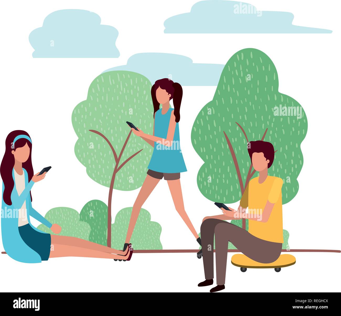 group of people with smartphone in landscape character Stock Vector ...