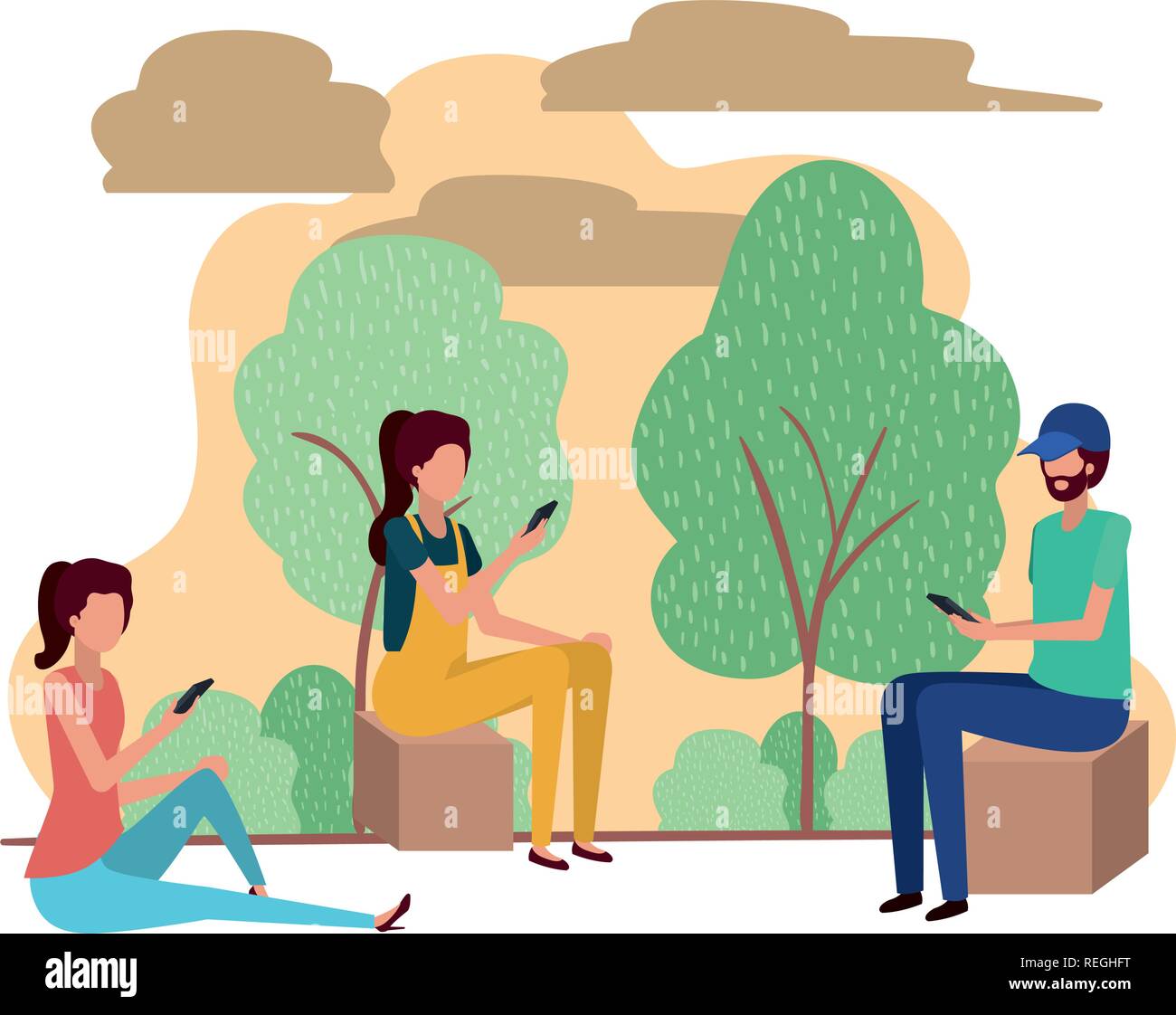 group of people with smartphone in landscape character Stock Vector ...