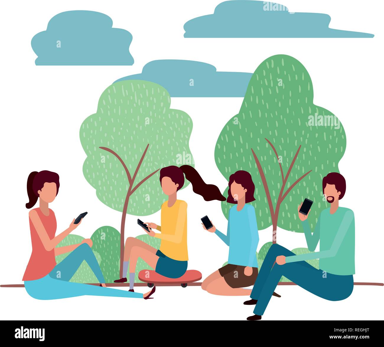 group of people with smartphone in landscape character Stock Vector ...