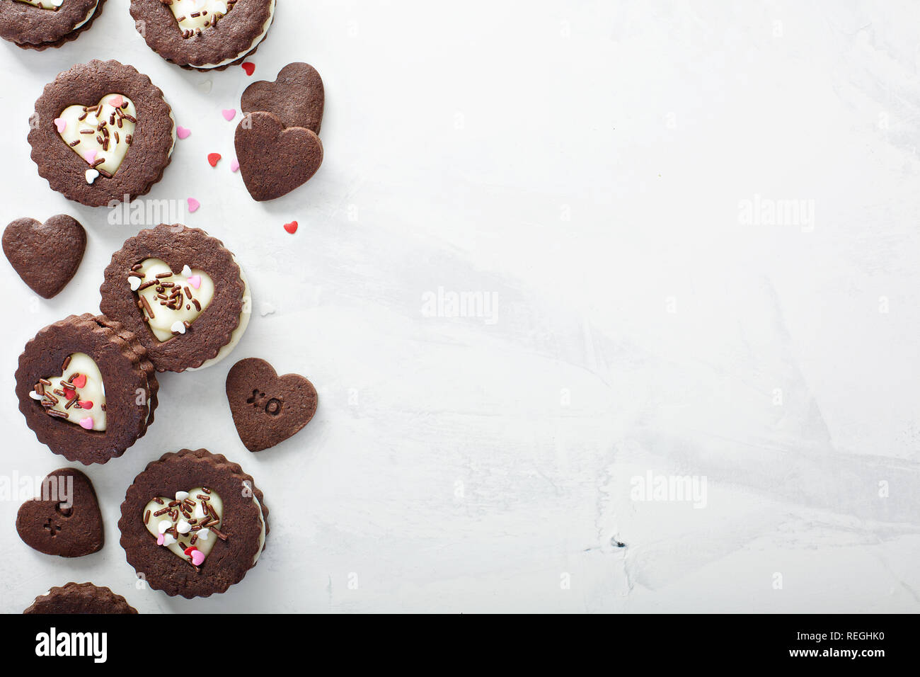 Heart Shaped Chocolate Cookies With Cream Filling For Valentines Day Sweet Treats Background Stock Photo Alamy