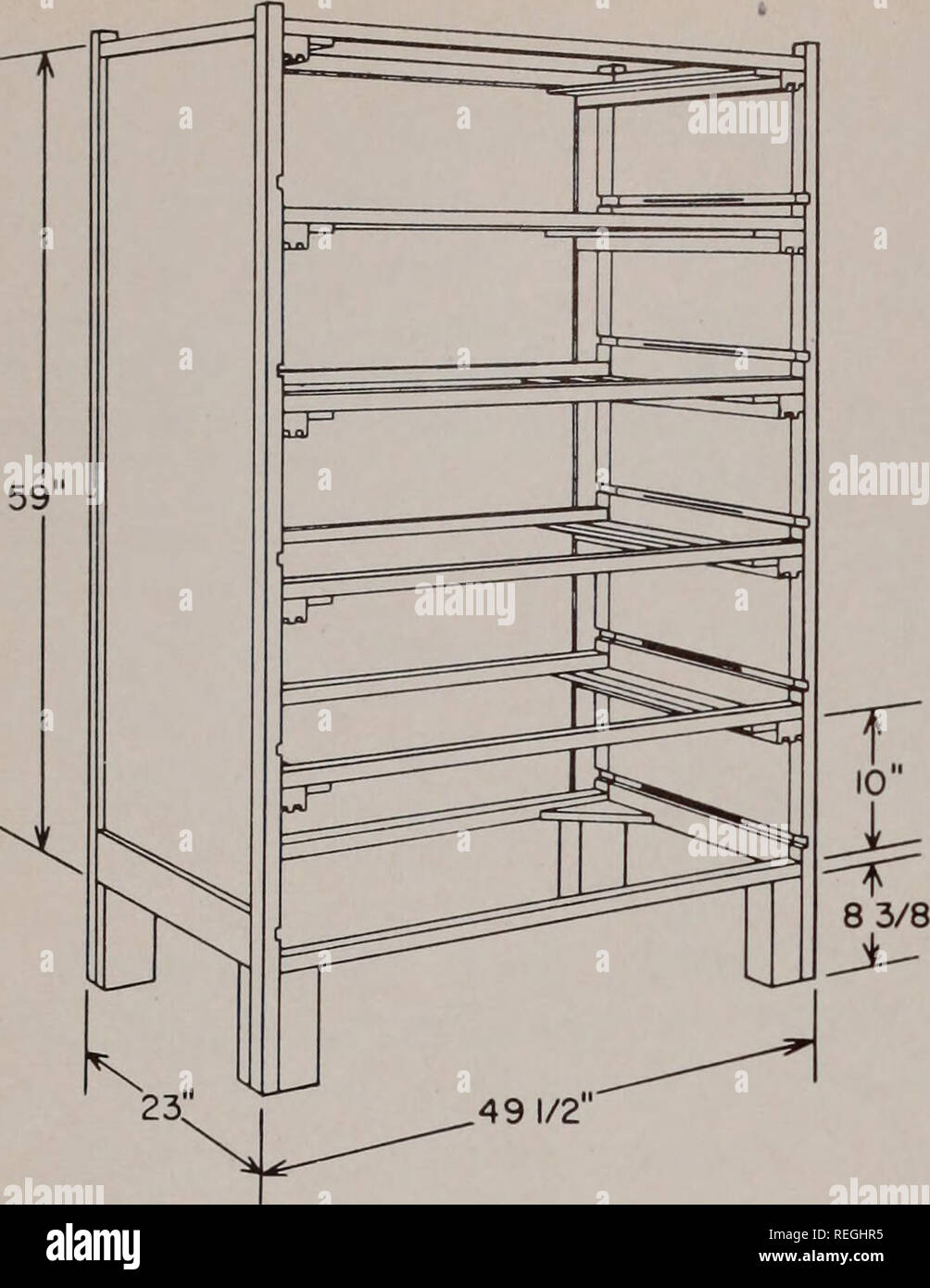 . Commercial mass culture of the California red scale parasite : Aphytis lignanensis. Citrus; Scale insects. Fig. 13. Structural details of framework of the parasite oviposition-collection unit. Note the runners in each compartment area which serve to guide the drawer assembly. the lid parasite-proof, rubber door-seal is placed around the three edges on which the lid closes and between the lid and the contiguous portion of the com- partment top. (See fig. 14, C.) The two ends of the compartment are solid. Near the top, midway between front and back, a cleat forms the &quot;han- dle&quot; again Stock Photo