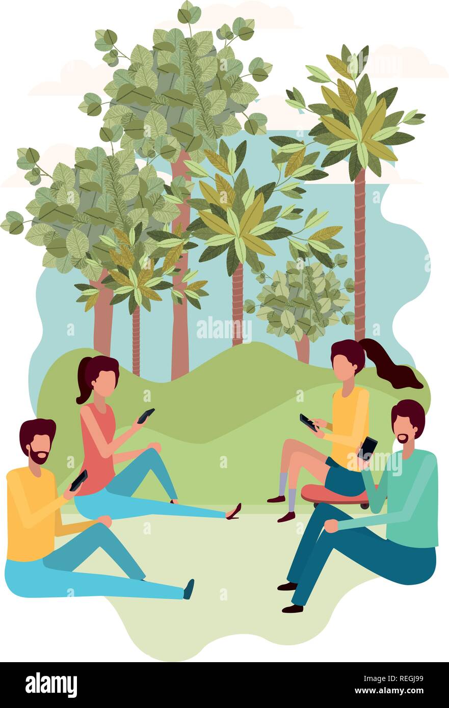 group of people with smartphone in landscape character Stock Vector ...