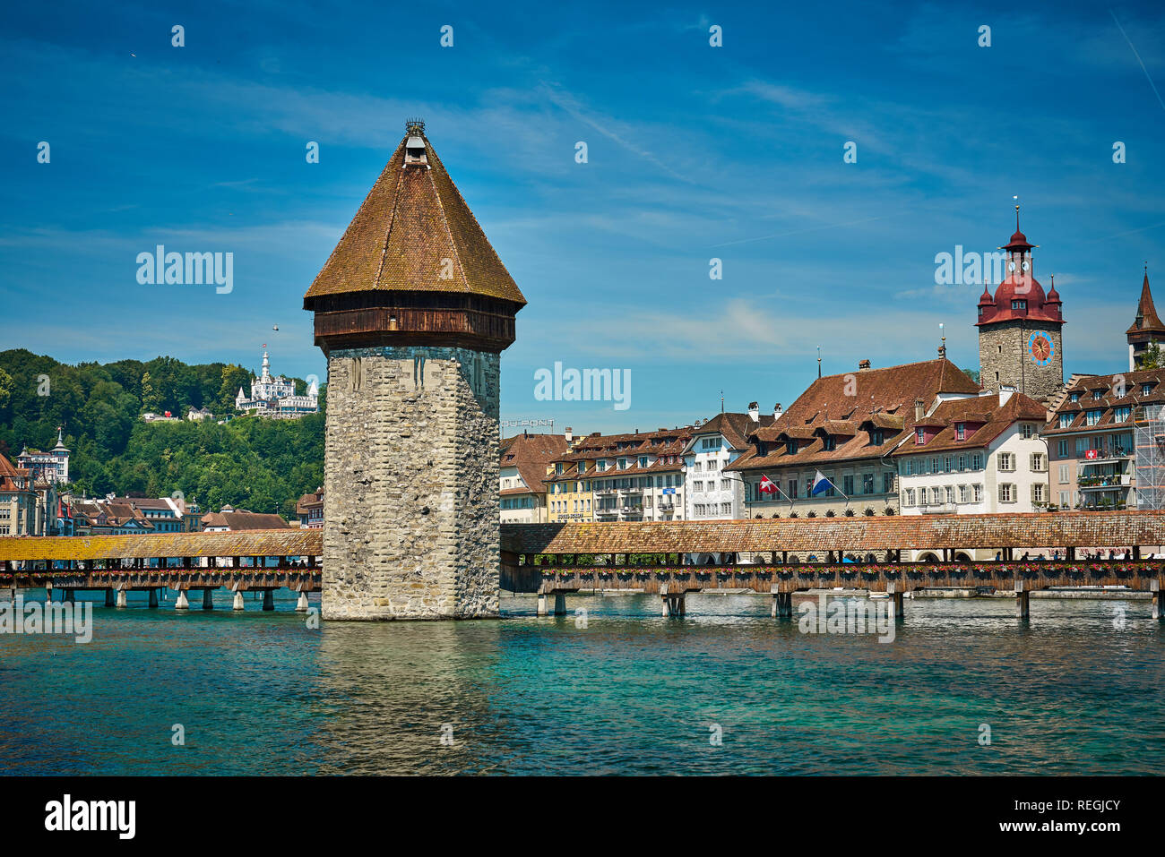 Panorama of Luzern / Lucerne with Chapel Bridge and Reuss (Swiss German: Rüüss) River, Switzerland Stock Photo
